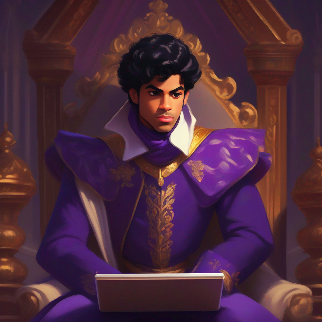 Confident prince in royal attire with a determined expression working on a laptop with a determined expression