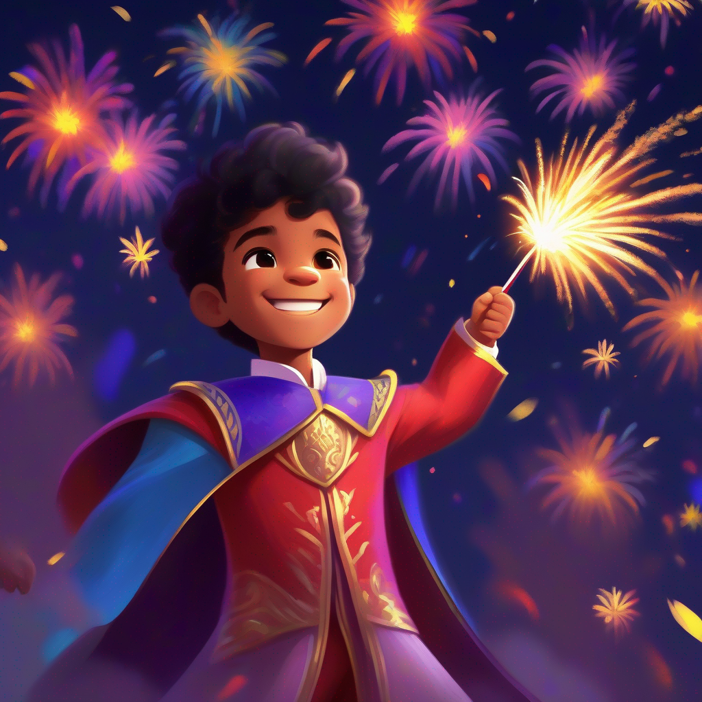 Confident prince in royal attire with a determined expression celebrating with fireworks and a big smile