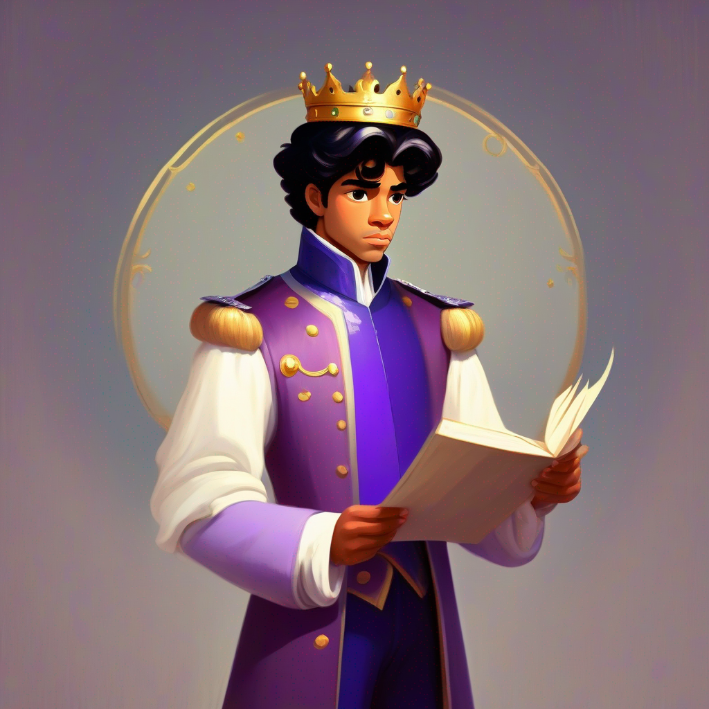 Confident prince in royal attire with a determined expression looking sad while holding a document with negative numbers