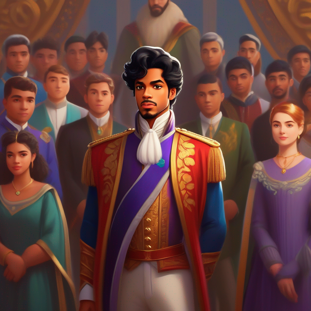 Confident prince in royal attire with a determined expression standing confidently with a group of people, his startup logo behind them