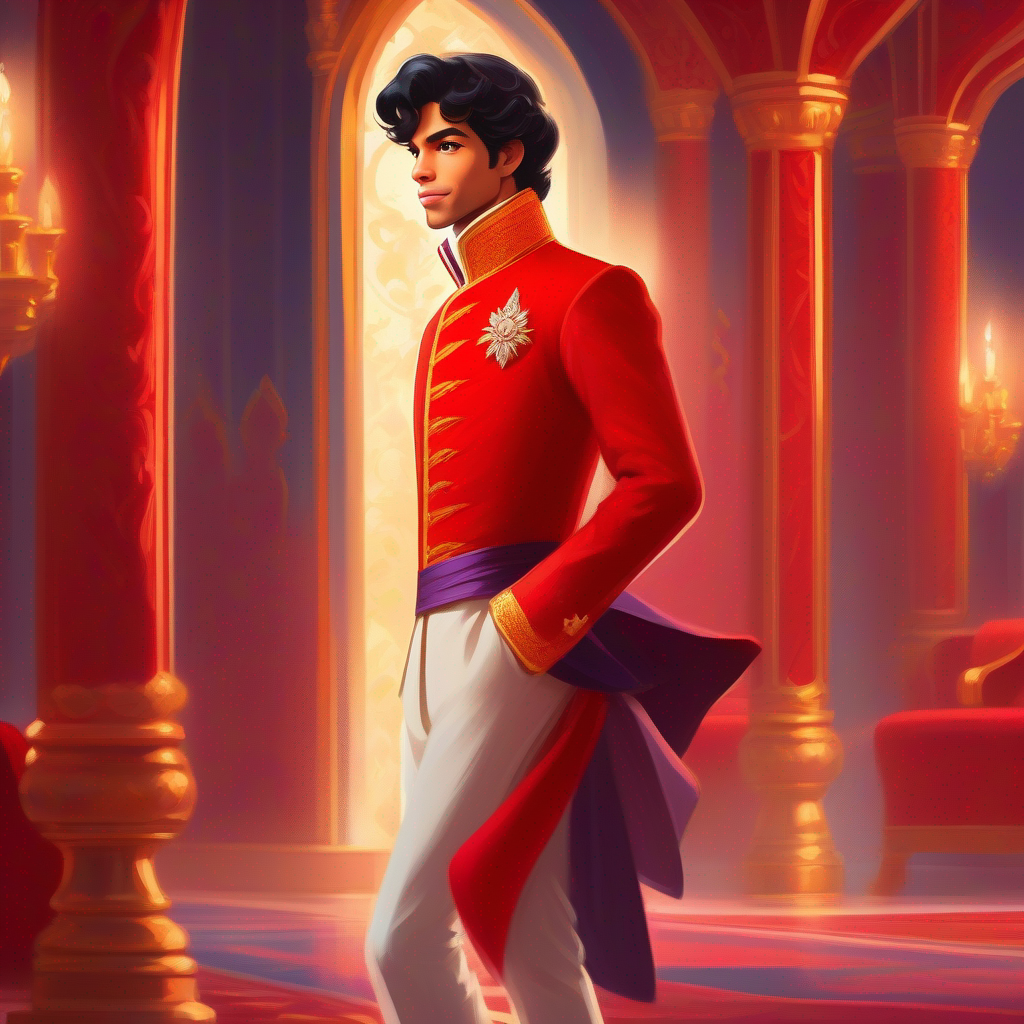 Confident prince in royal attire with a determined expression thinking and smiling in a red palace