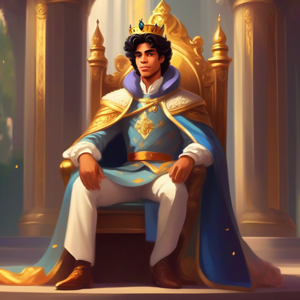 Confident prince in royal attire with a determined expression sitting on a throne with a crown, looking proud