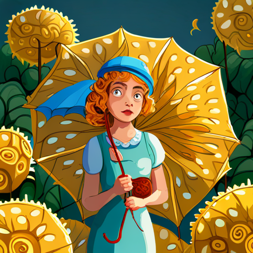 Curious girl with golden curls, exploring Petalville encounters Talking umbrella with changing patterns influenced by emotions, the talking magical umbrella