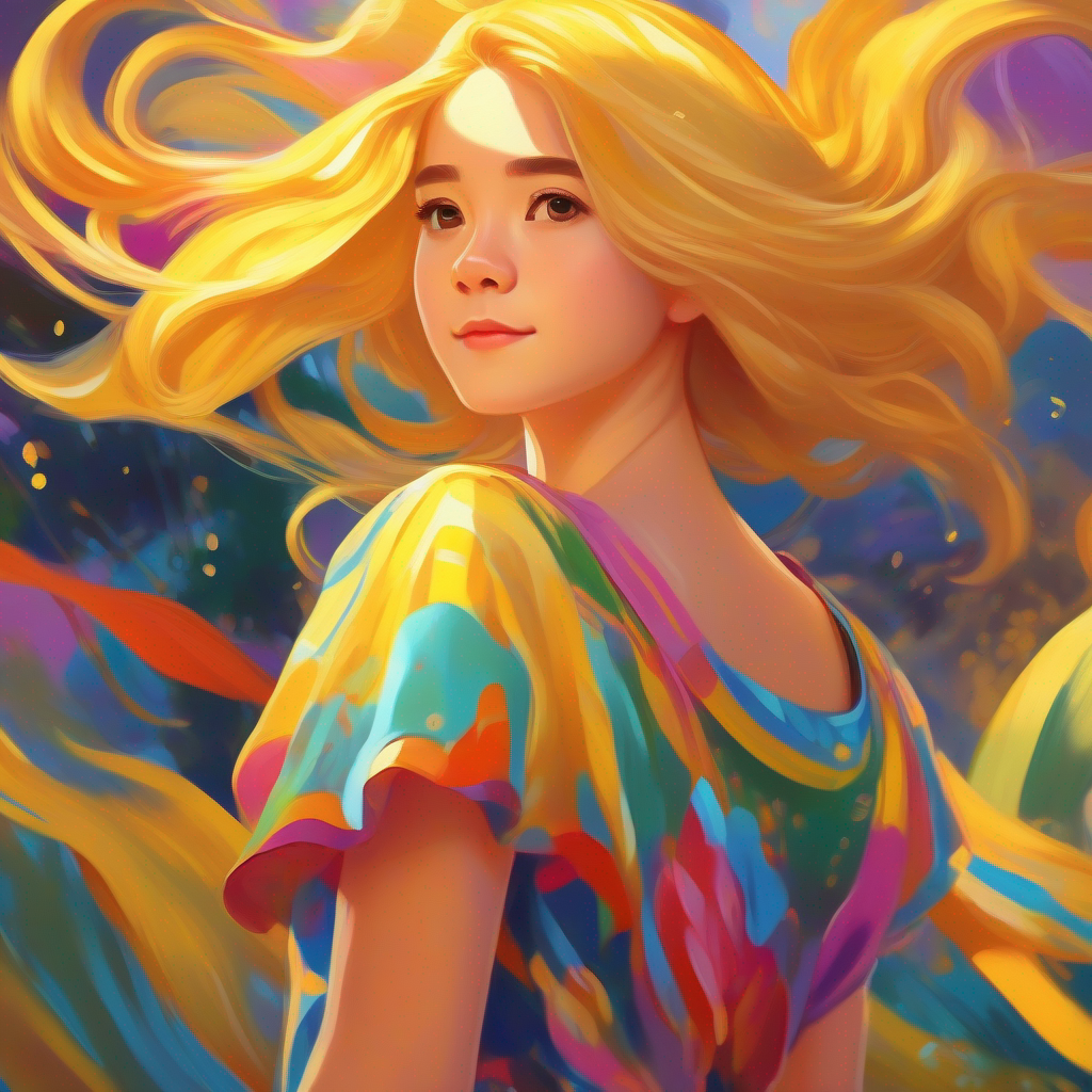 Golden hair, colorful dress, ready to listen with golden hair and colorful dress, ready to listen.