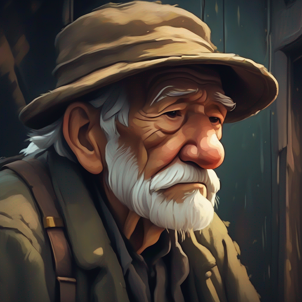 Sad old man named Wrinkled face, worn-out hat, wearing a worn-out hat.