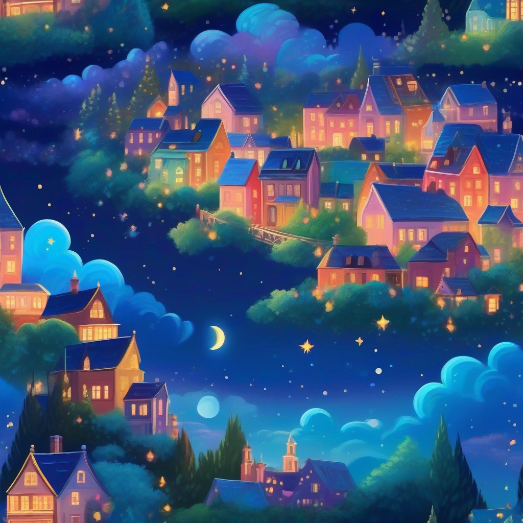 An enchanting night sky with stars and a blissful town.
