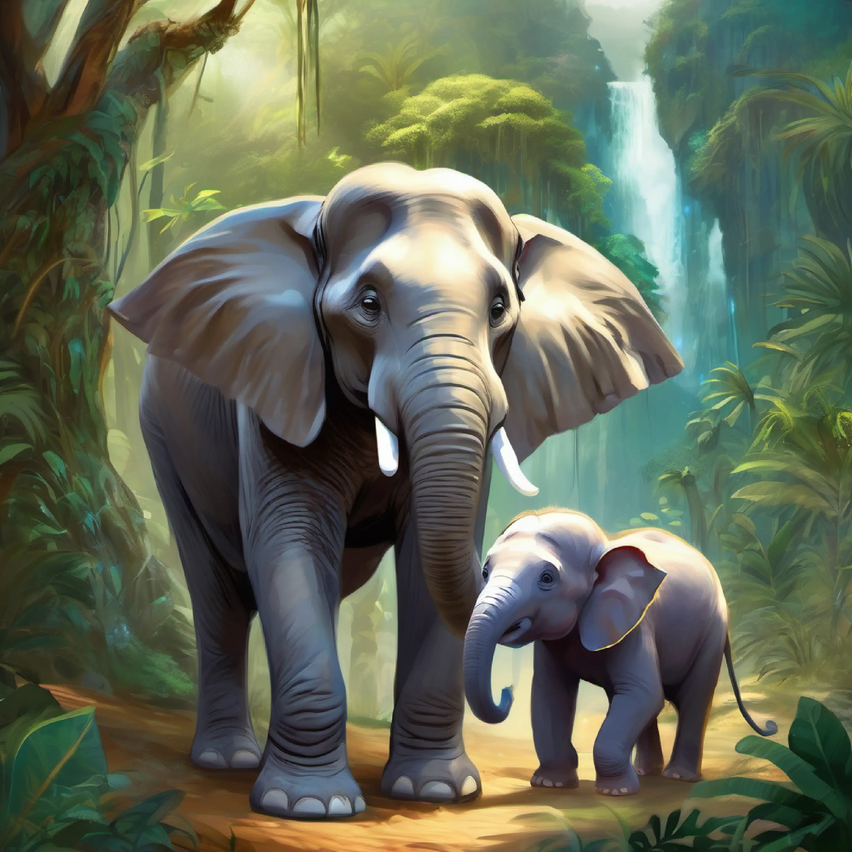 Jungle setting with Gray elephant with kind eyes the Elephant and Brown monkey with a mischievous grin the Monkey.