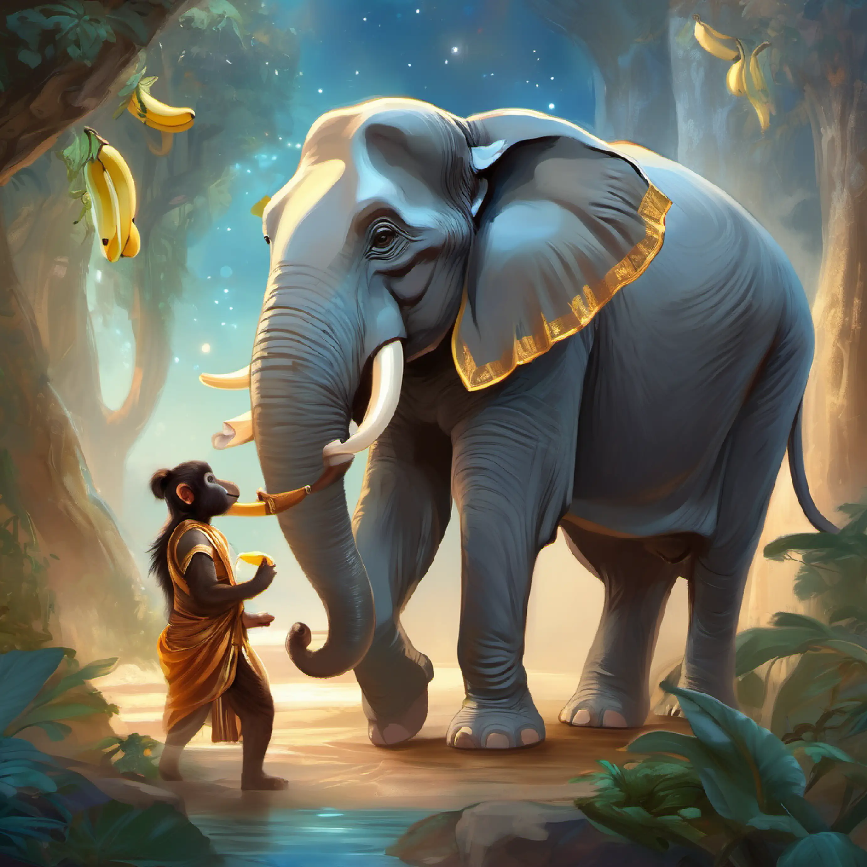 Gray elephant with kind eyes asking Brown monkey with a mischievous grin about her missing bananas.