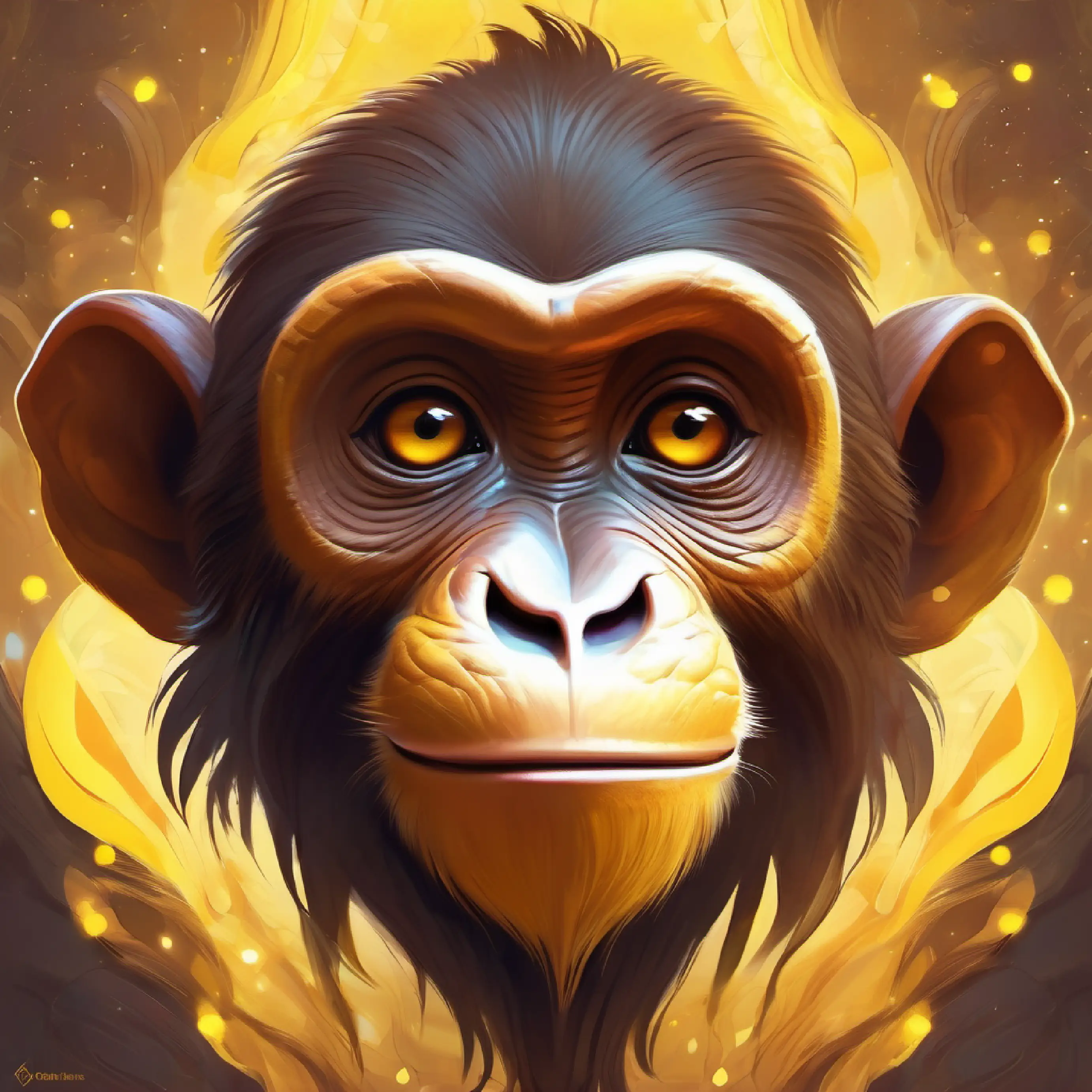 Brown monkey with a mischievous grin spots something yellow and suggests they investigate.
