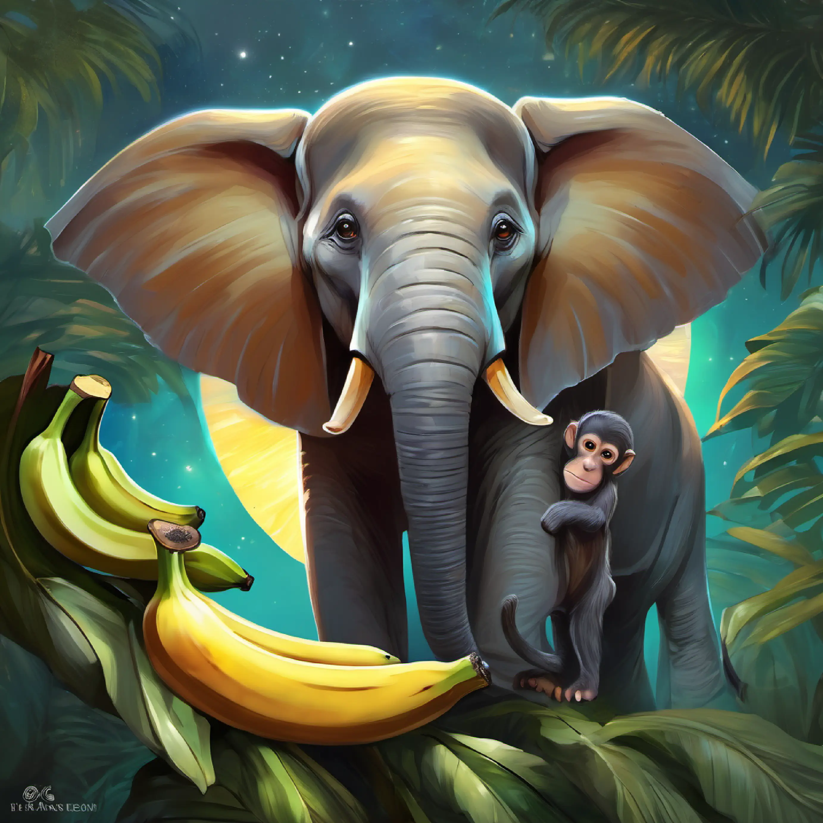 Gray elephant with kind eyes and Brown monkey with a mischievous grin discover a parrot munching on the bananas.