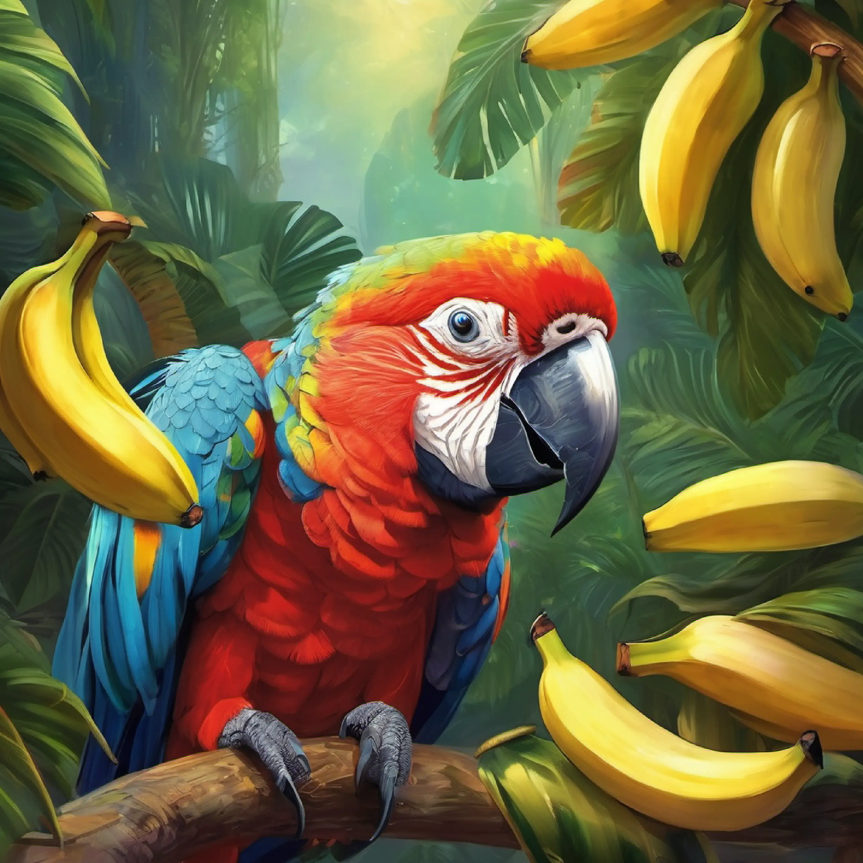 The parrot mischievously squawks about the bananas.