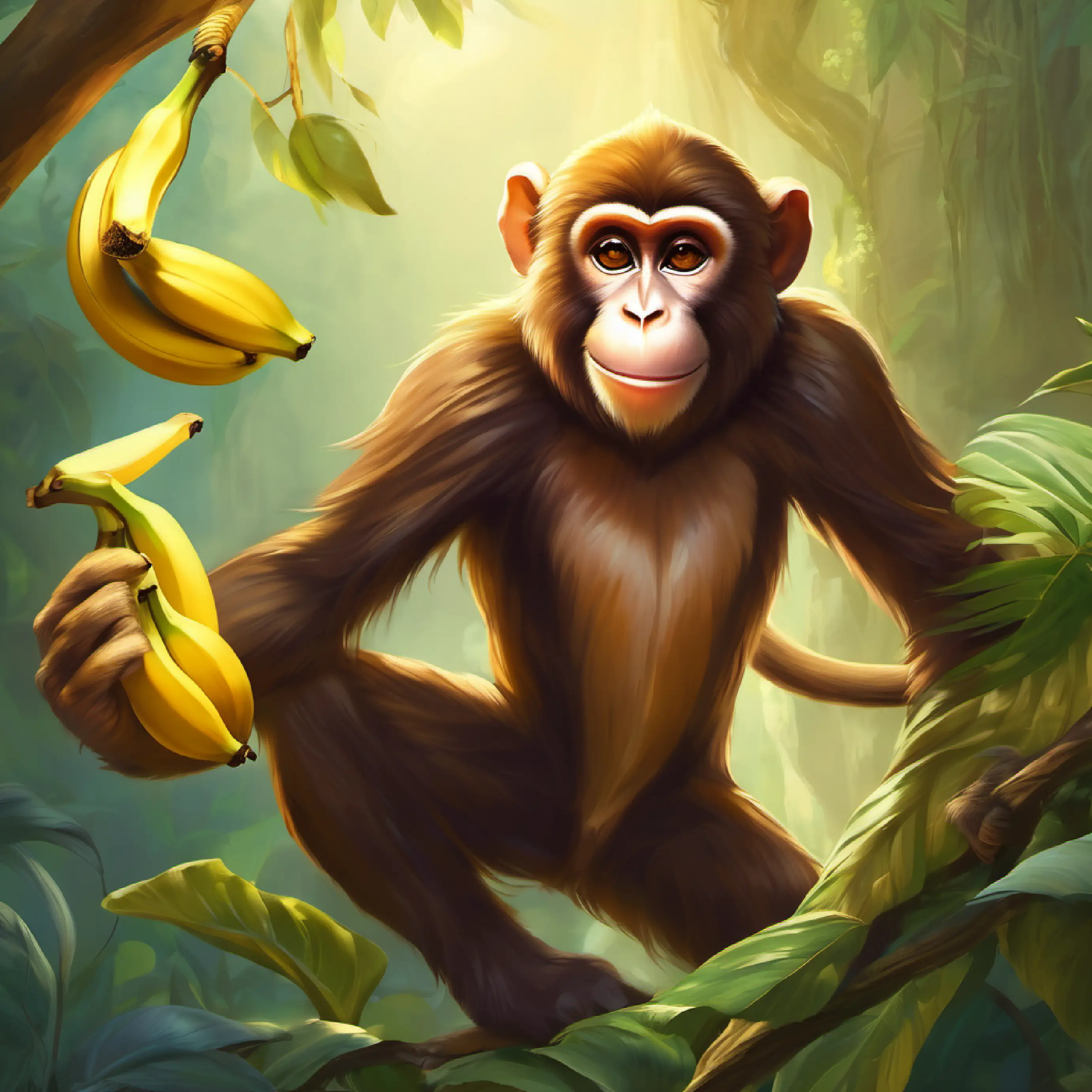 Brown monkey with a mischievous grin denying being a banana thief.