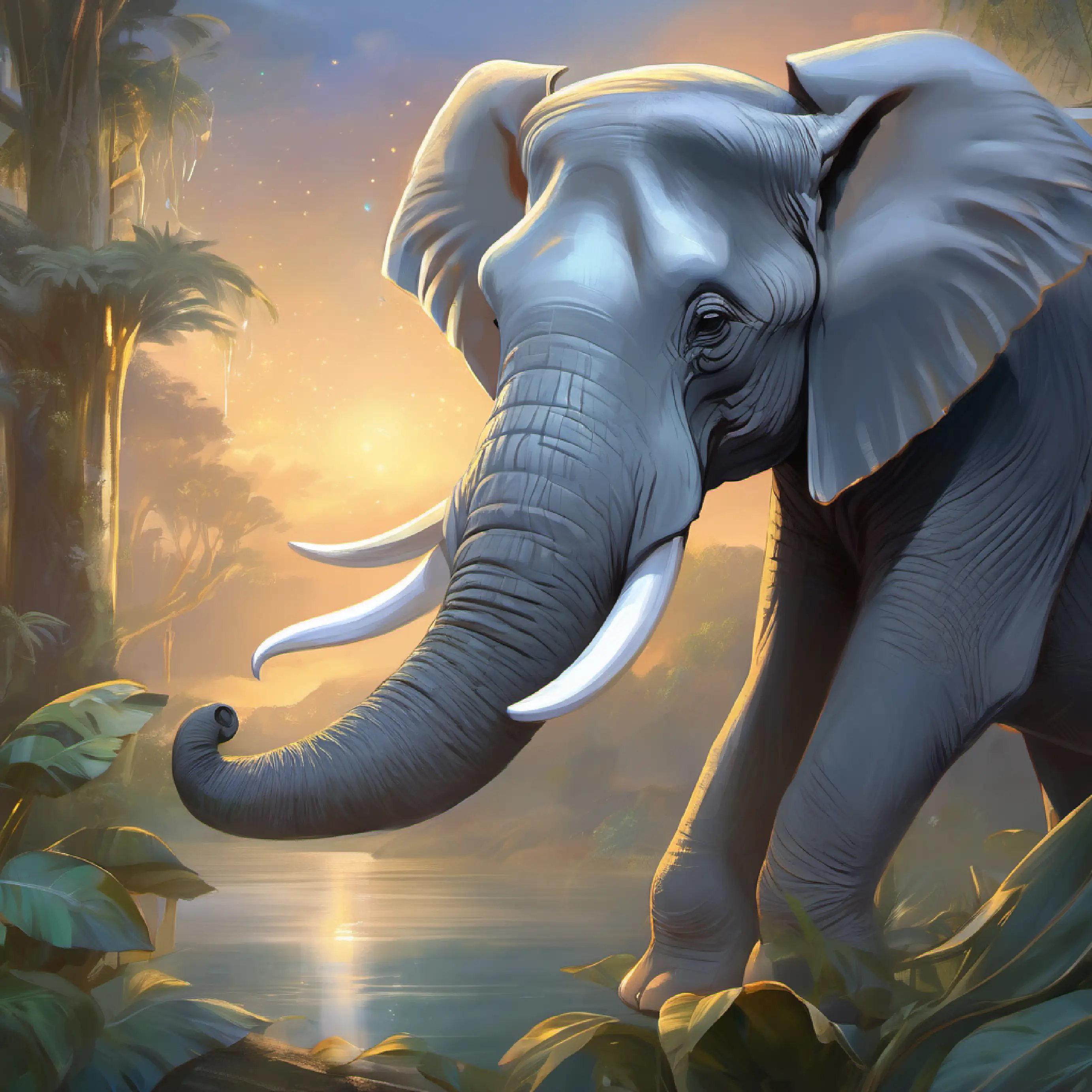 Gray elephant with kind eyes expressing her worry about the missing bananas.