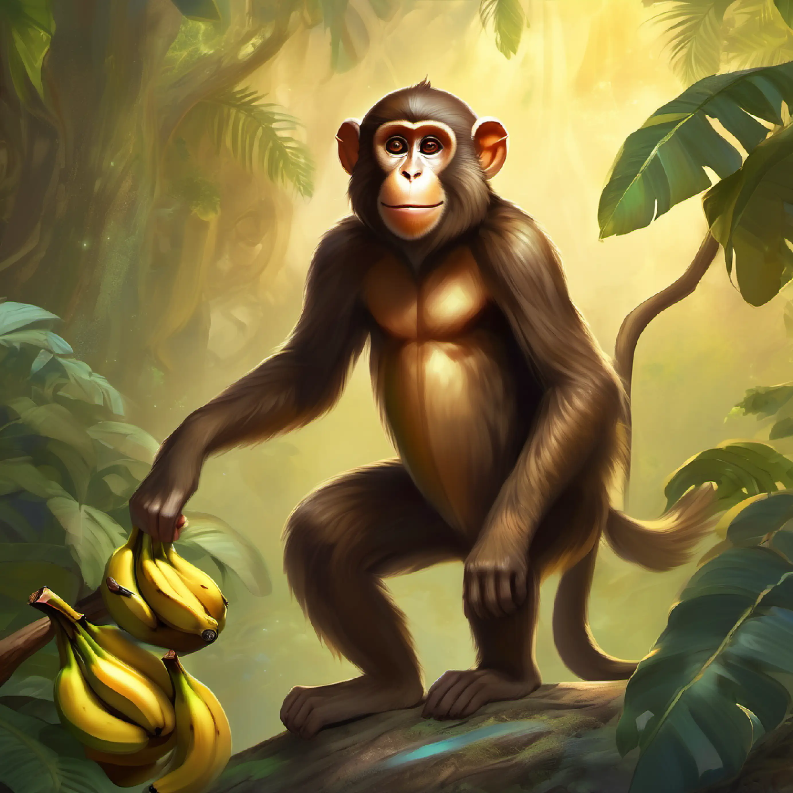 Brown monkey with a mischievous grin humorously suggesting bananas grew legs and walked away.