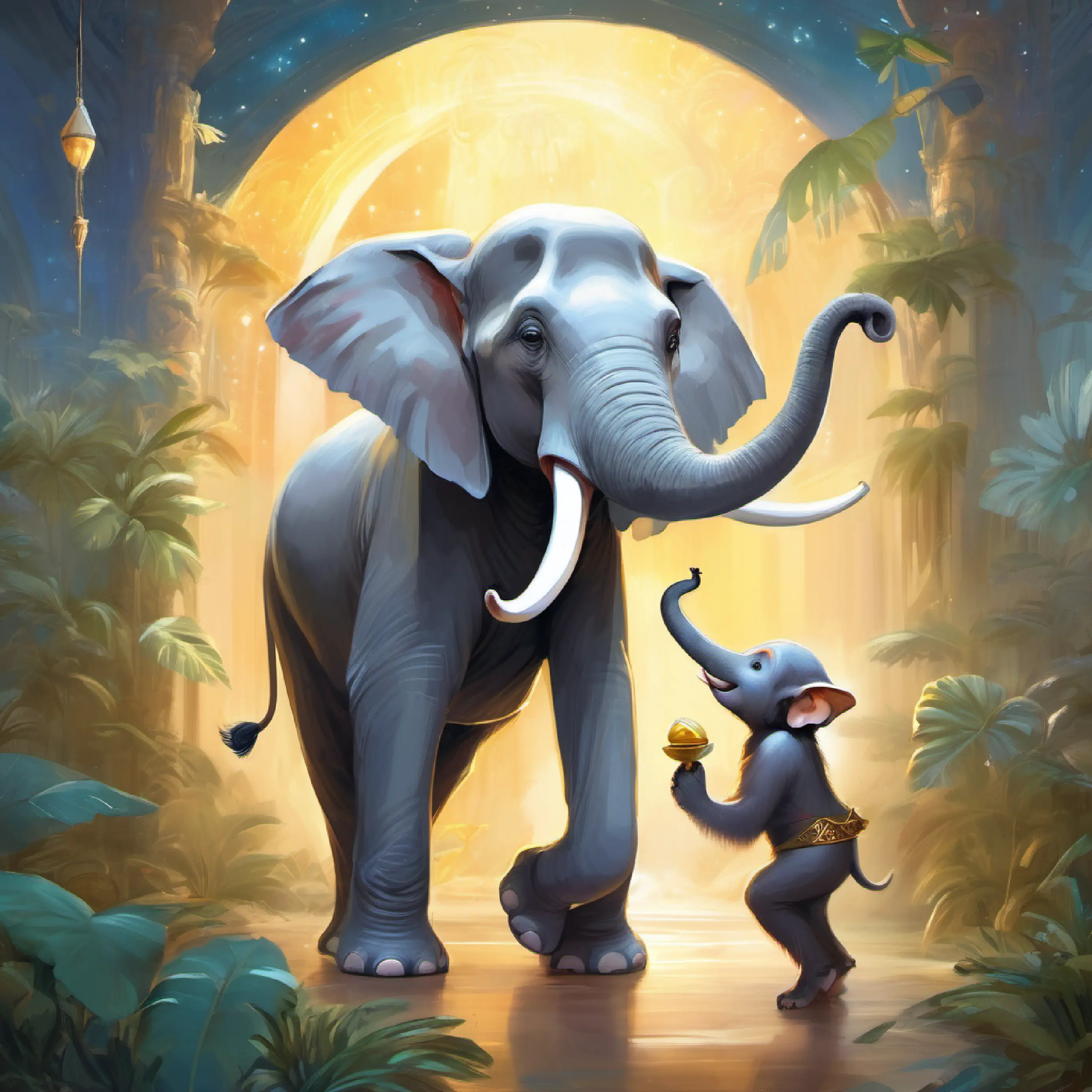 Gray elephant with kind eyes dismissing Brown monkey with a mischievous grin's silly suggestion about banana legs.