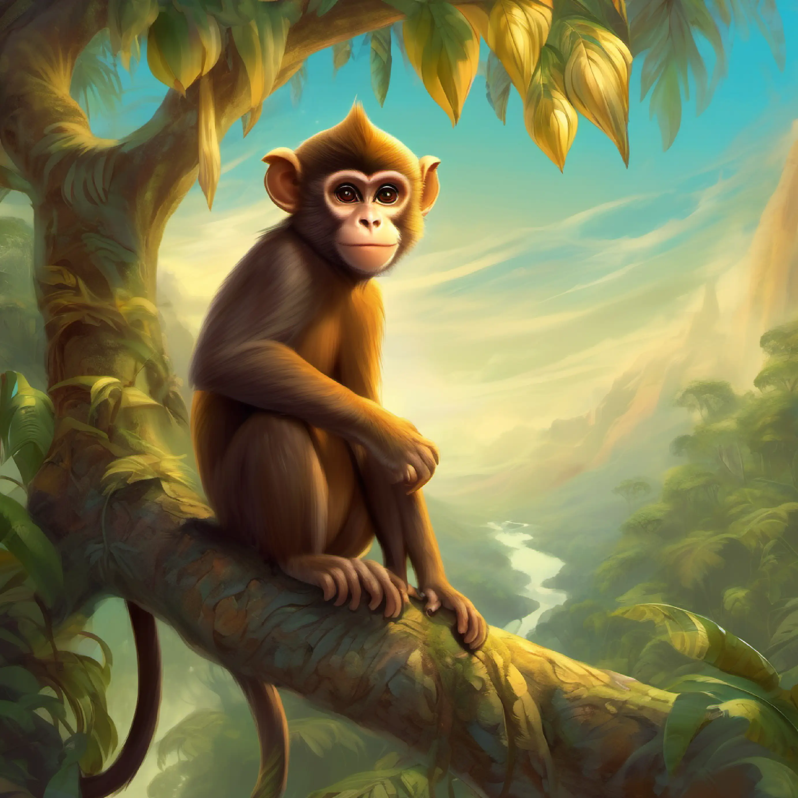 Brown monkey with a mischievous grin suggesting checking the trees for the bananas.