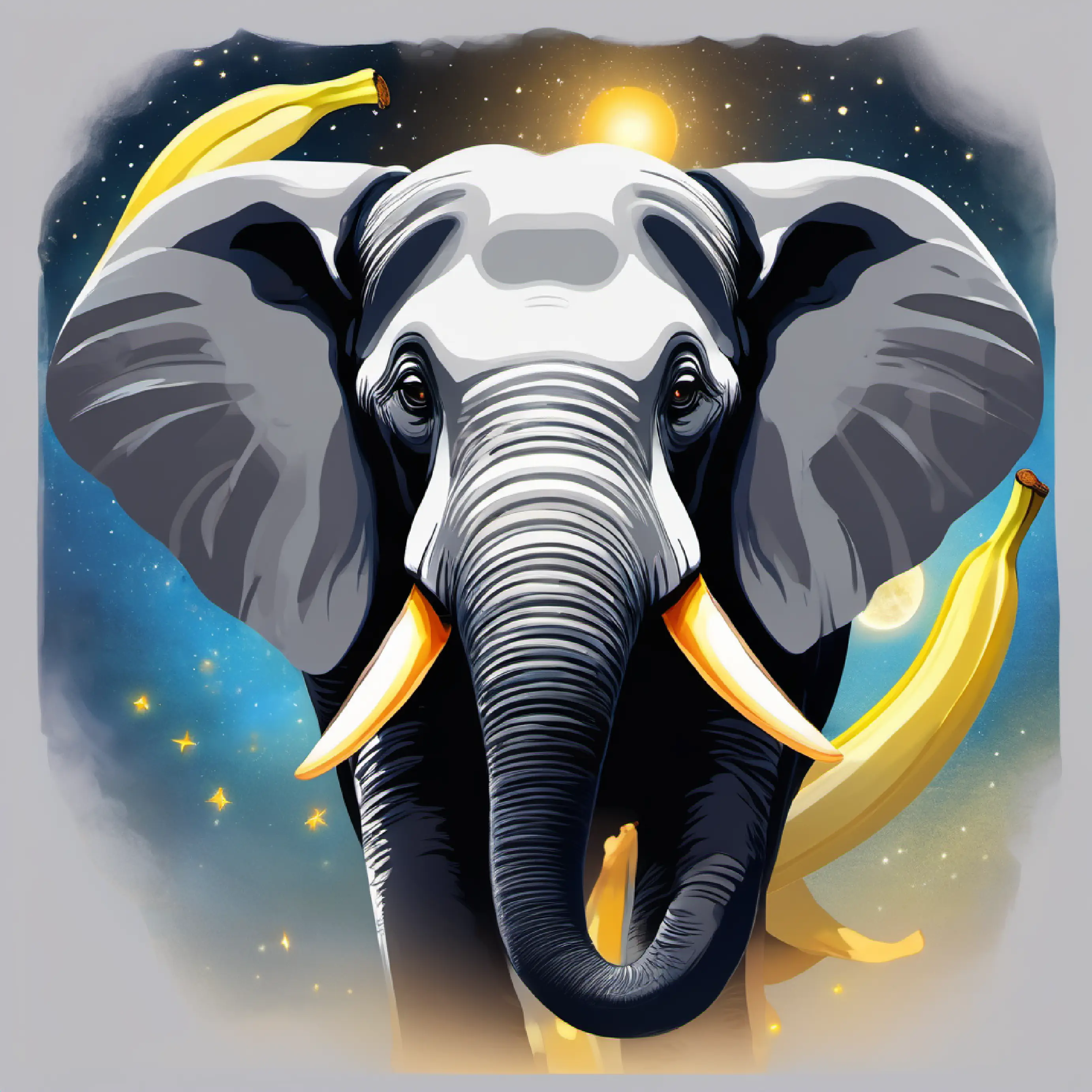 Gray elephant with kind eyes explaining why bananas can't climb like monkeys.
