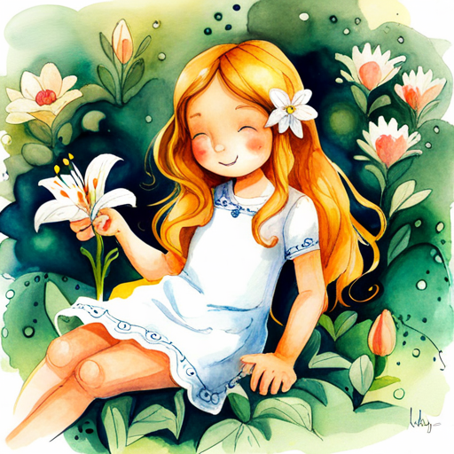 Lily - a little girl with long golden hair sitting in a beautiful garden surrounded by flowers