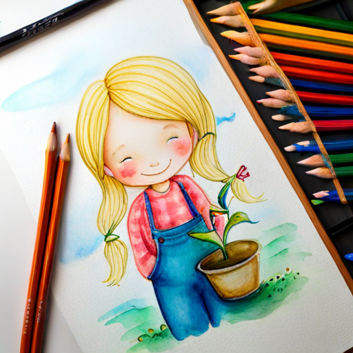 Lily - a little girl with long golden hair planting Happiness flowers, smiling with joy