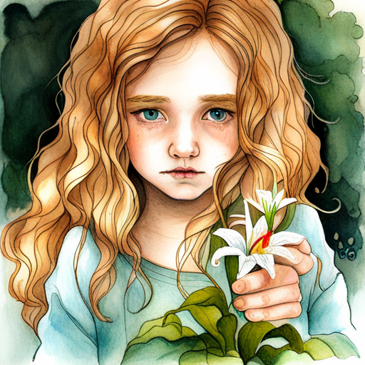 Lily - a little girl with long golden hair planting Sadness flowers, tears in her eyes