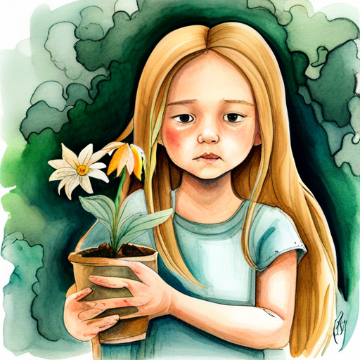 Lily - a little girl with long golden hair planting Anger flowers, with a determined expression