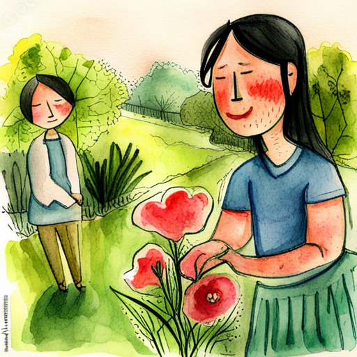 People in the garden, holding emotional flowers and talking