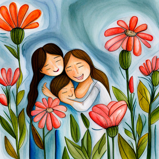 Villagers smiling and hugging each other, surrounded by blooming emotional flowers