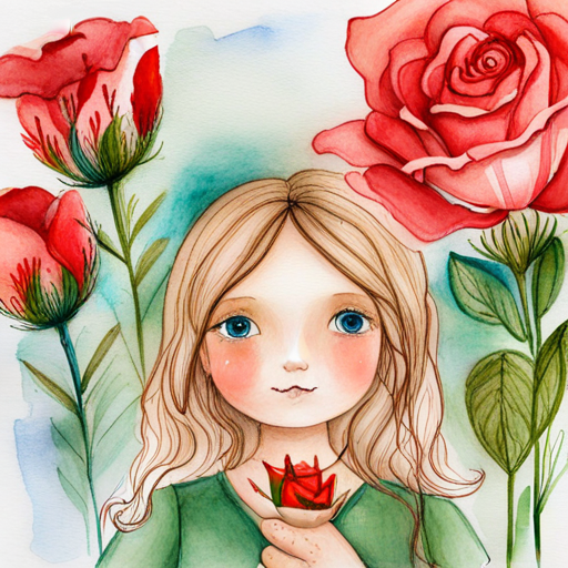 Lily - a little girl with long golden hair and Rose - a kind-hearted girl with rosy cheeks holding hands, surrounded by blooming emotional flowers