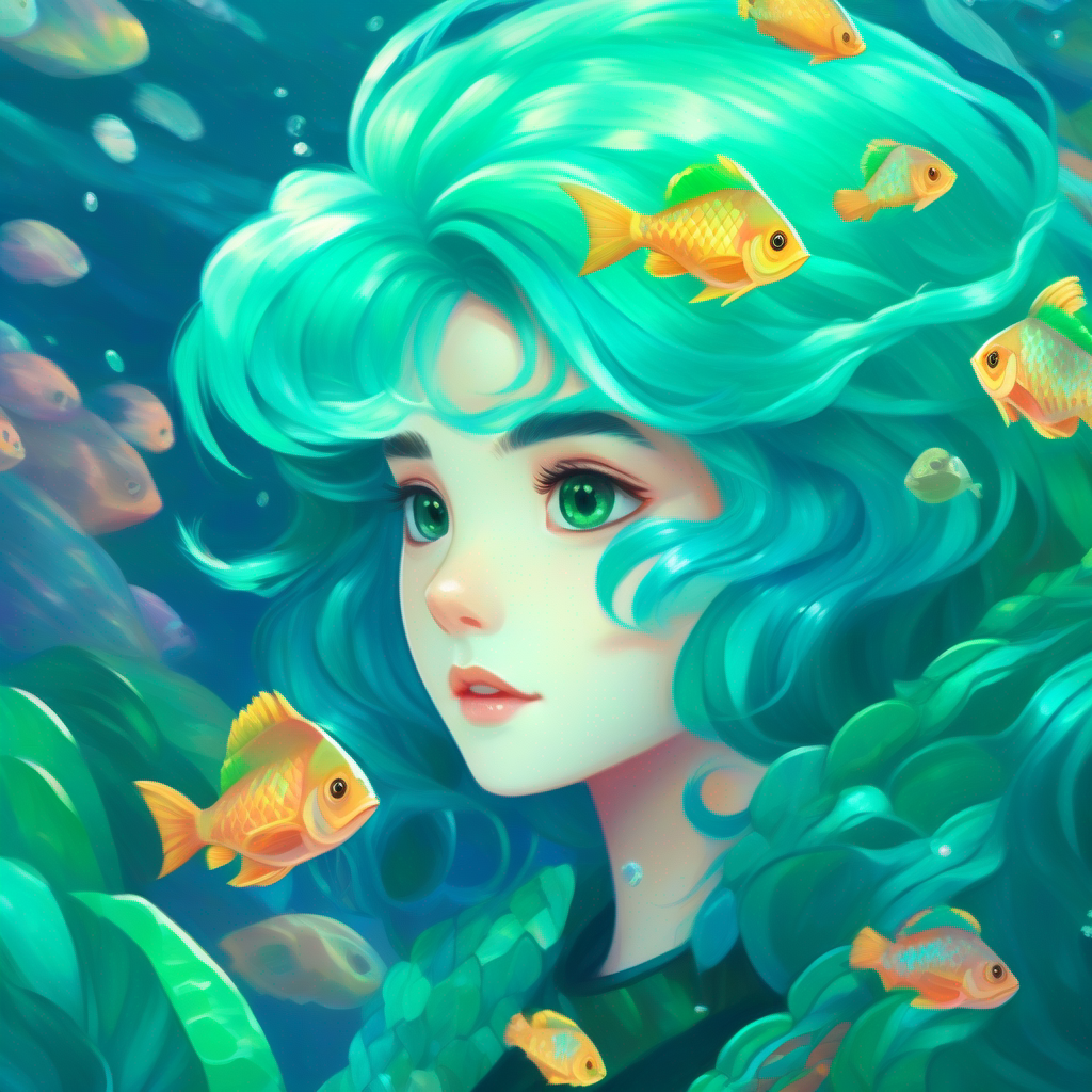 Aquamarine hair, emerald scales, curious and brave with blue hair and emerald scales underwater