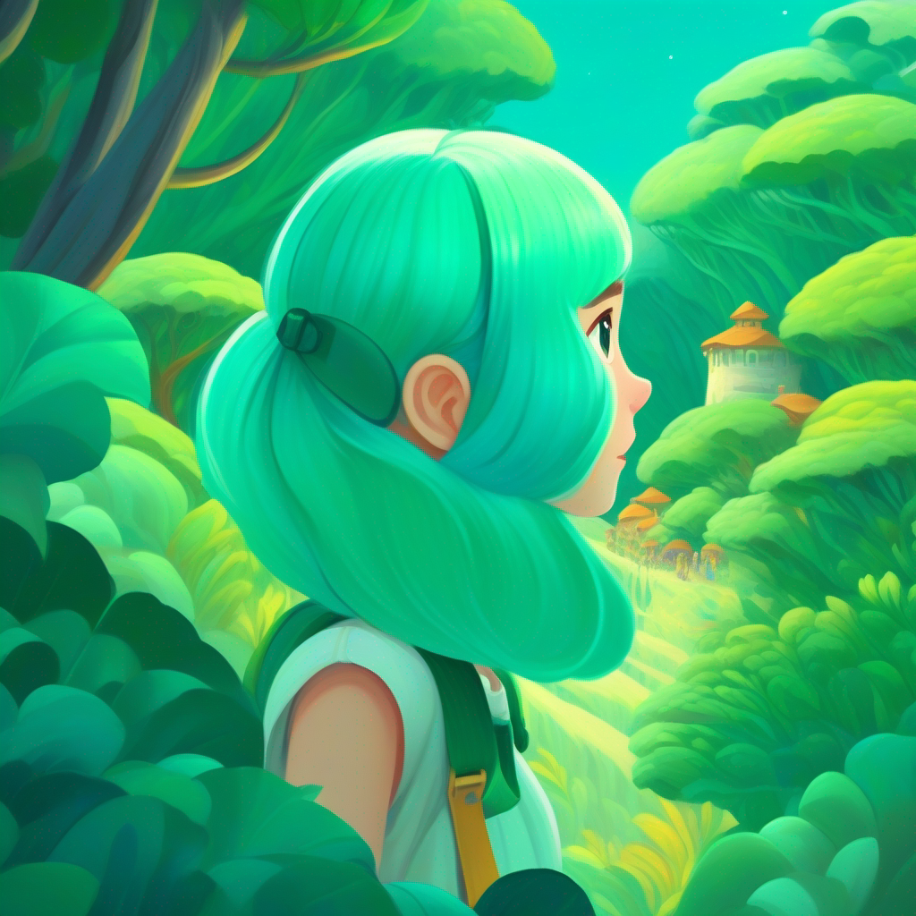 Aquamarine hair, emerald scales, curious and brave observing a village from the forest