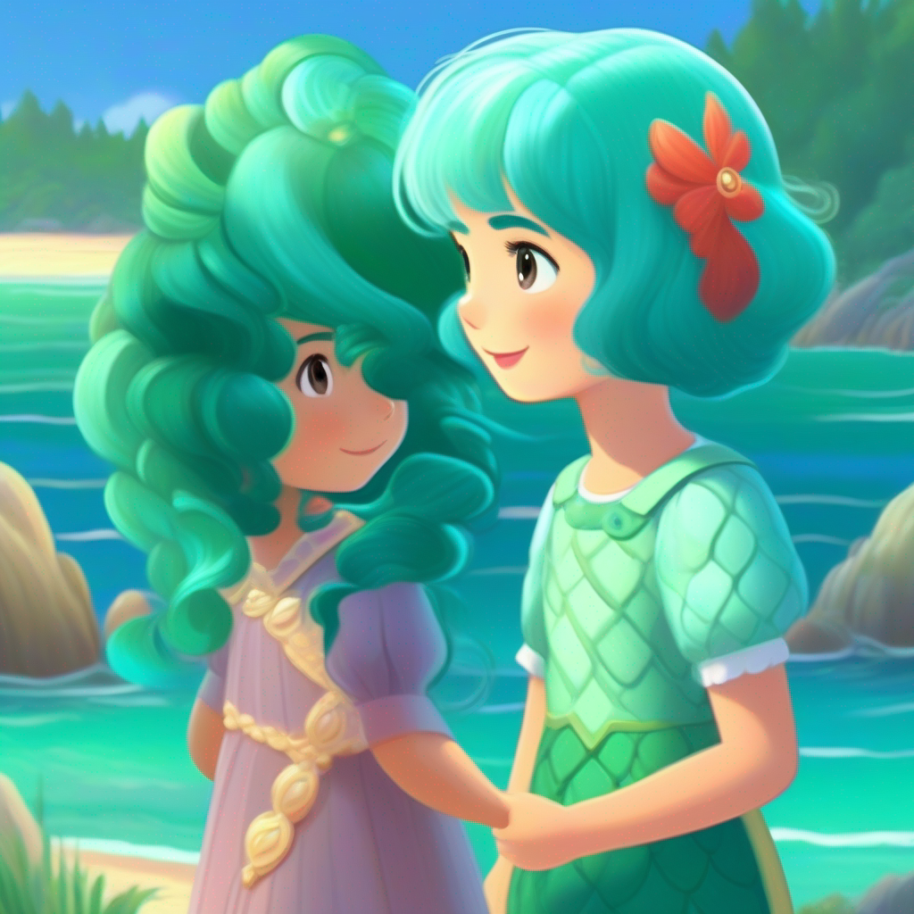 Aquamarine hair, emerald scales, curious and brave and Friendly girl, teaches Marina about life on land having heart-to-heart conversations near the shore