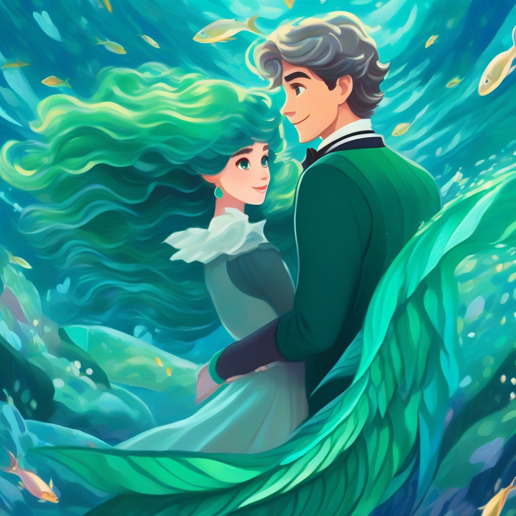 Prince of the sea falling in love with Aquamarine hair, emerald scales, curious and brave
