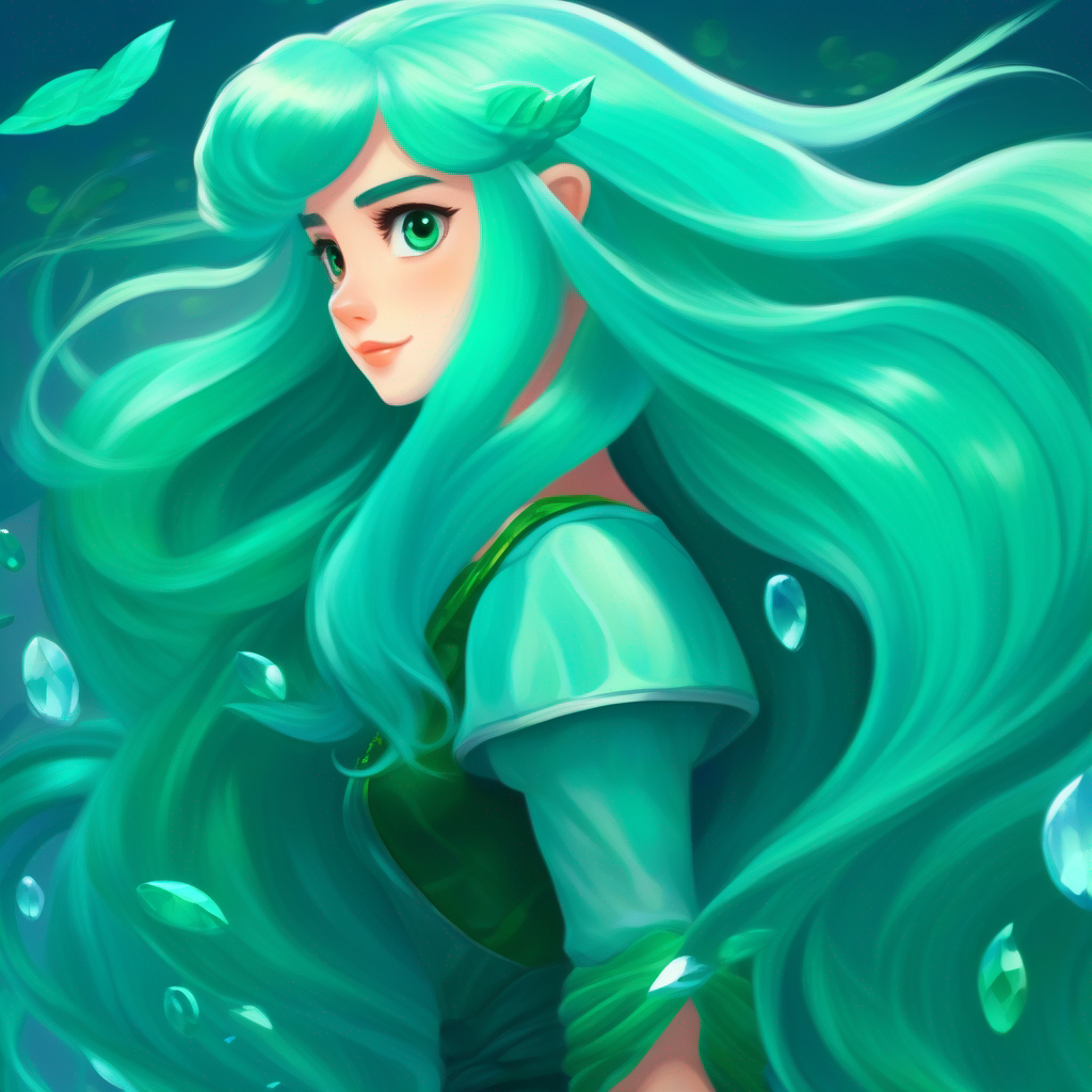 Aquamarine hair, emerald scales, curious and brave as a legend, advocating for responsibility