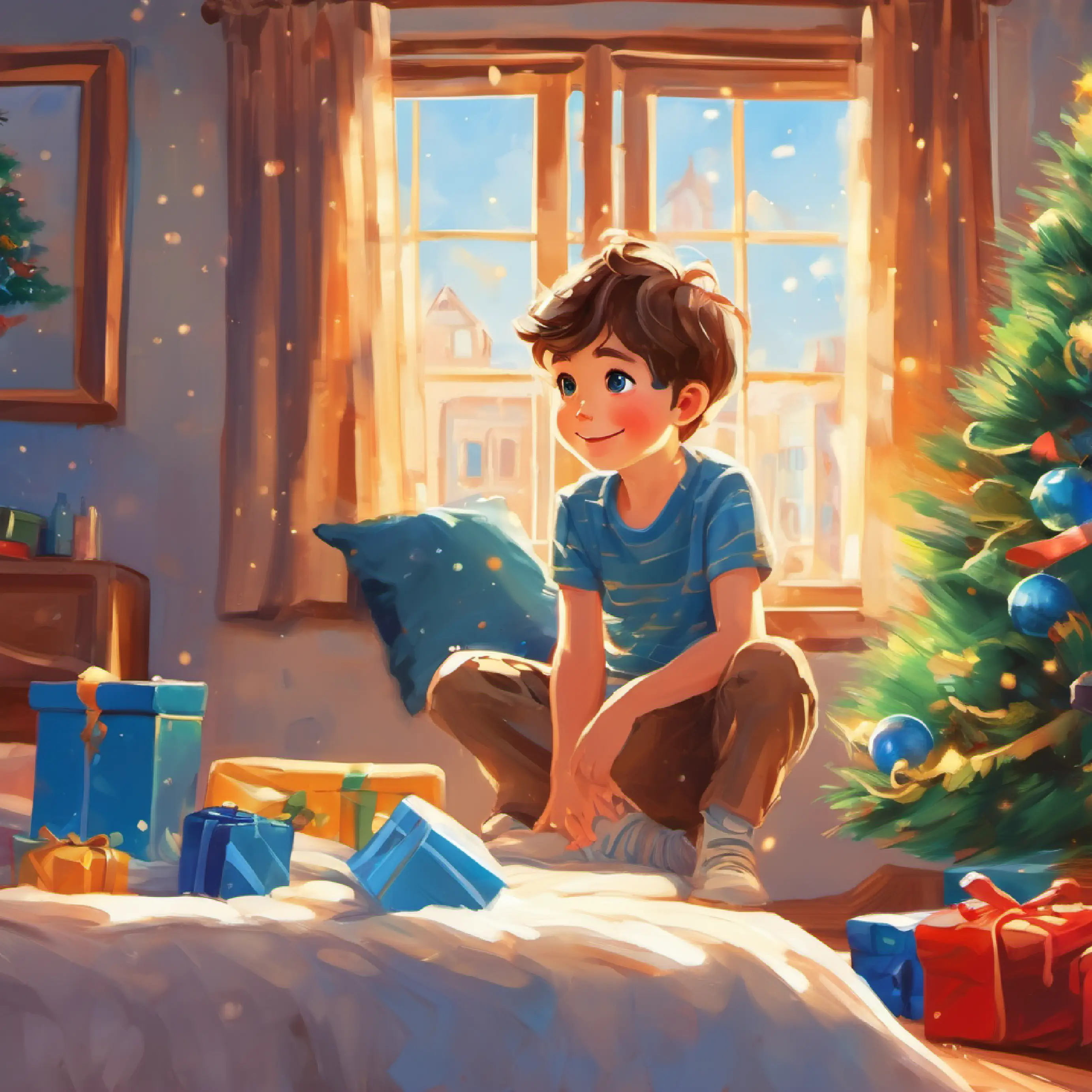 Morning at Young boy, cheerful, short brown hair, blue eyes's room, he's up and bright-eyed, anticipation.