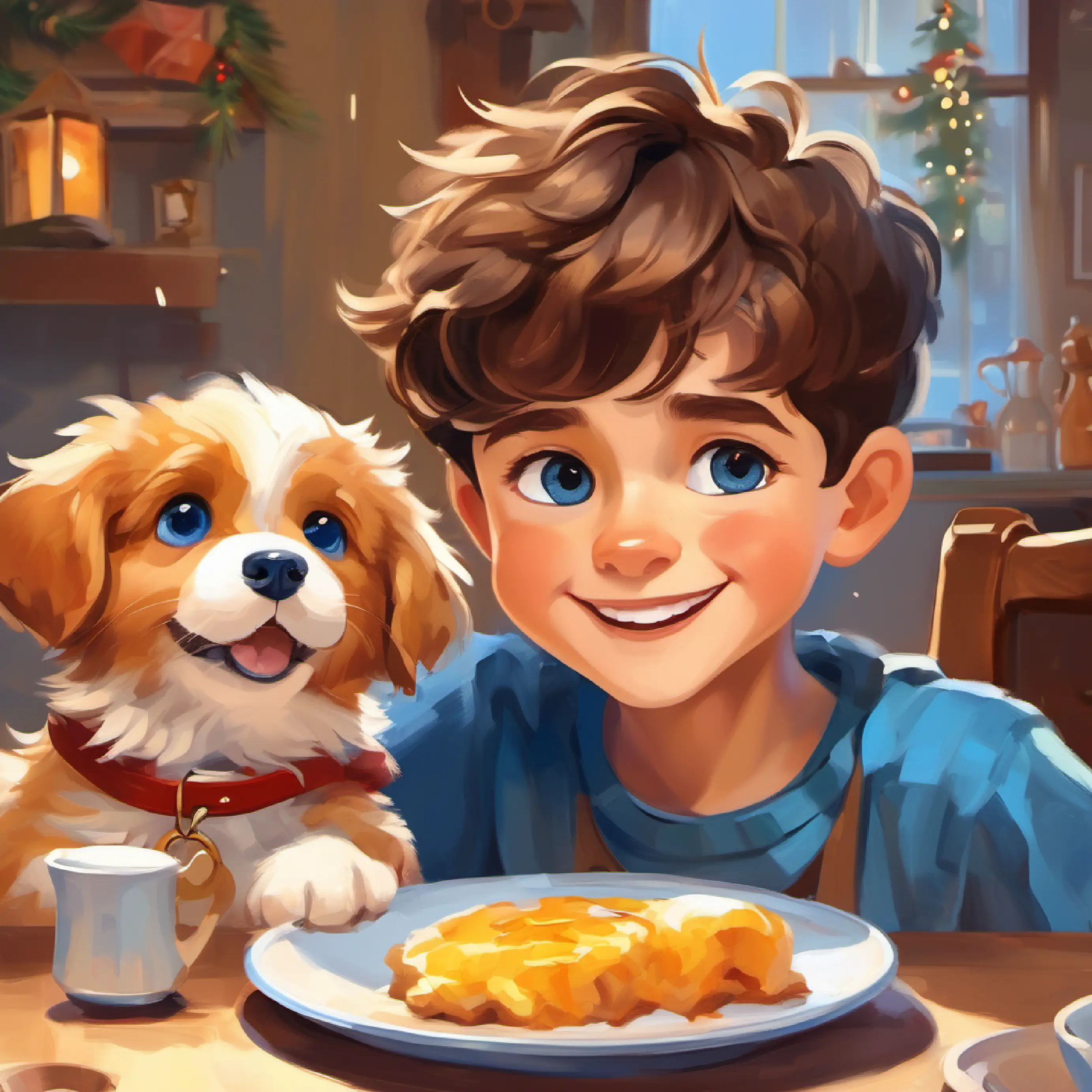 Young boy, cheerful, short brown hair, blue eyes at the breakfast table with Playful puppy, fluffy, golden fur, brown eyes, both ready to leave.