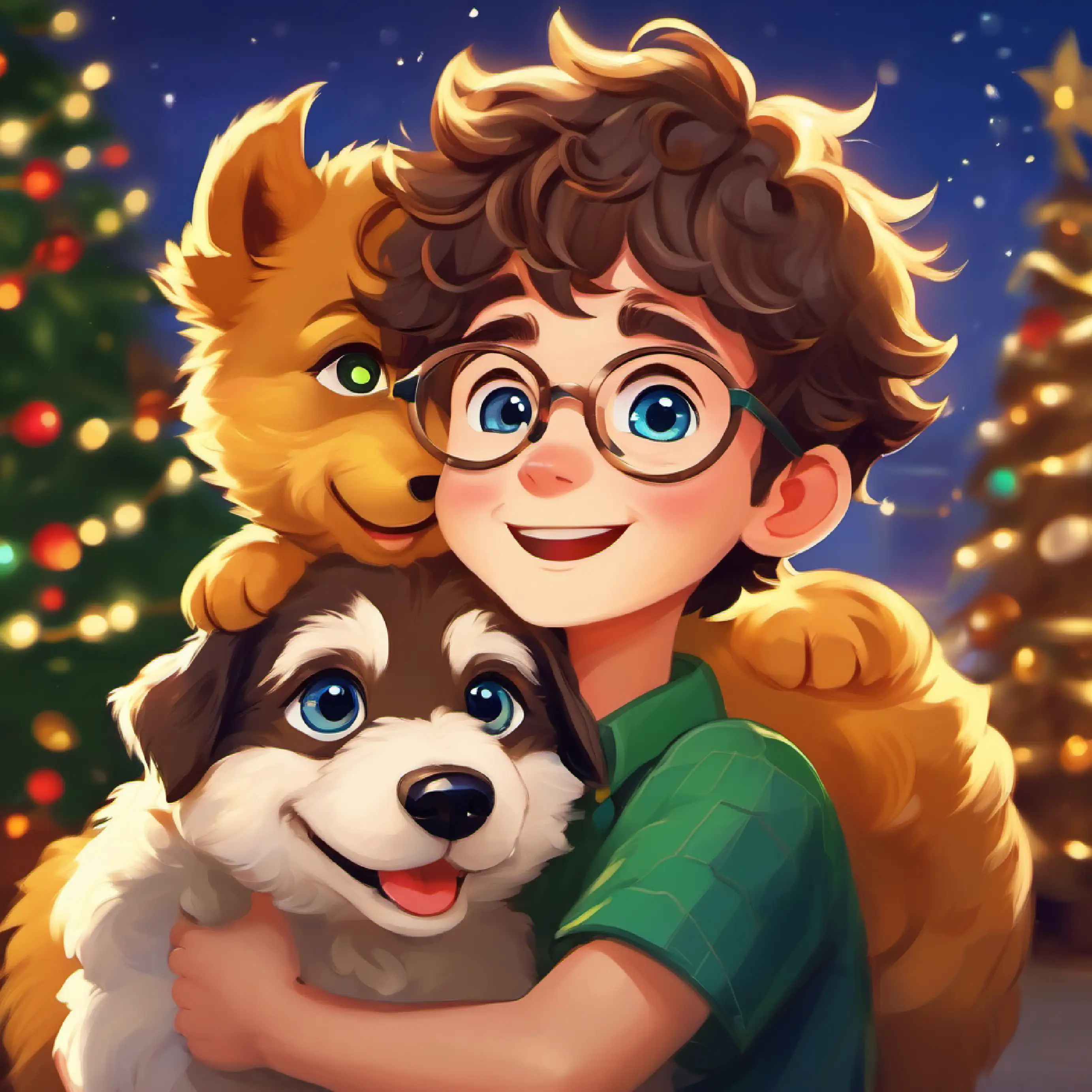Close of the day, Young boy, cheerful, short brown hair, blue eyes hugging Playful puppy, fluffy, golden fur, brown eyes, Kind teacher, curly hair, glasses, green eyes reassuring them.
