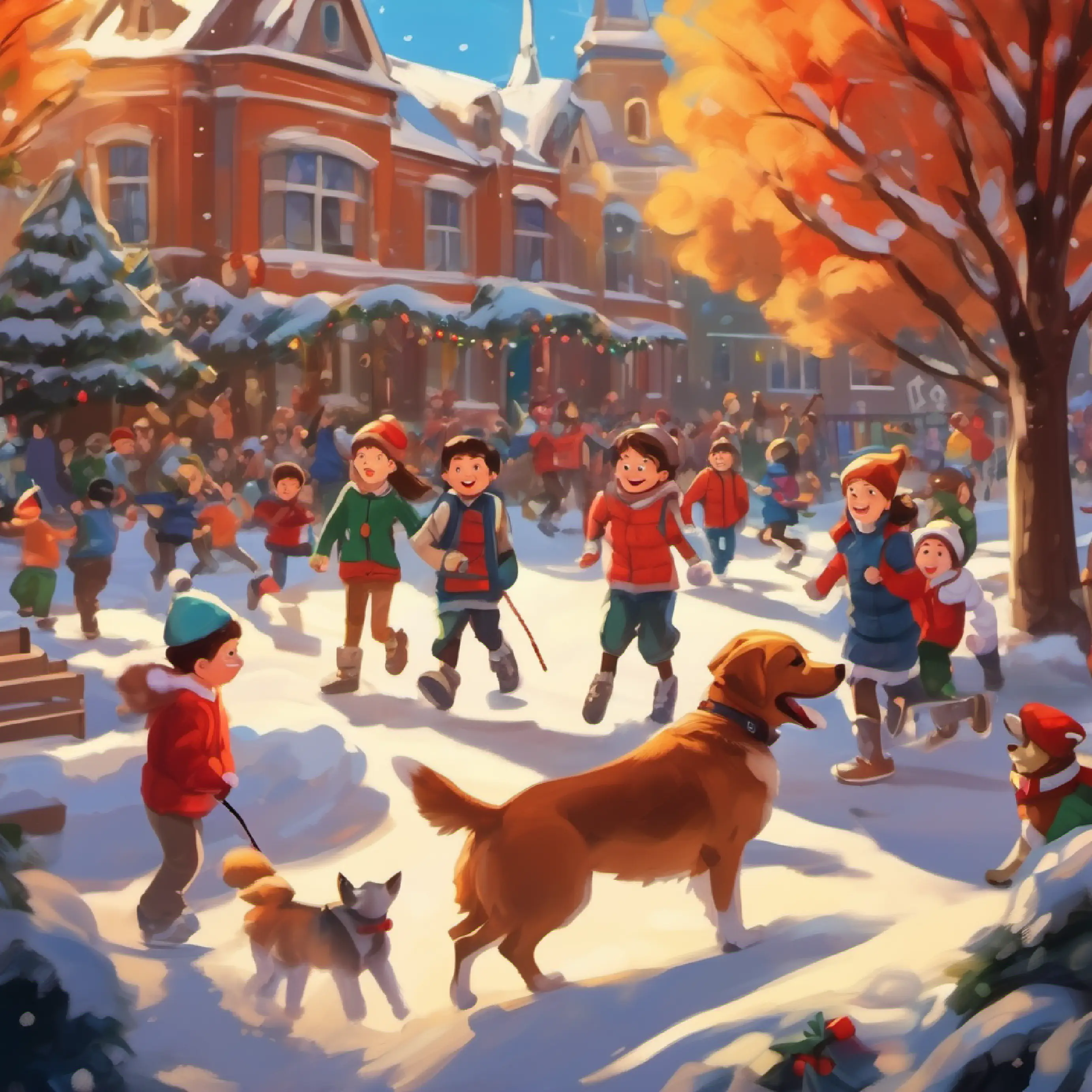 Various kids and dogs gathering excitedly in the school playground.
