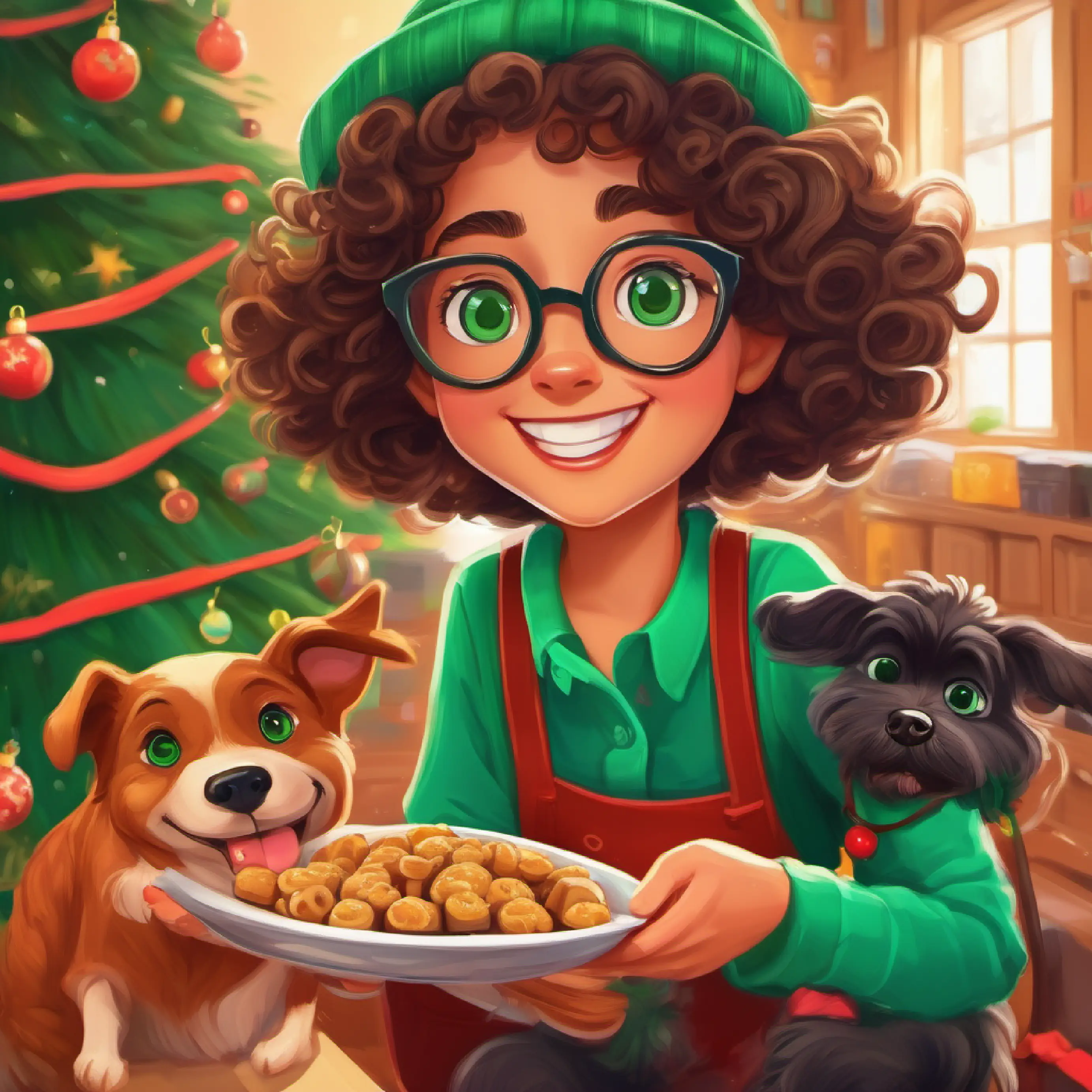 Kind teacher, curly hair, glasses, green eyes, the teacher, welcoming kids and giving dog treats.