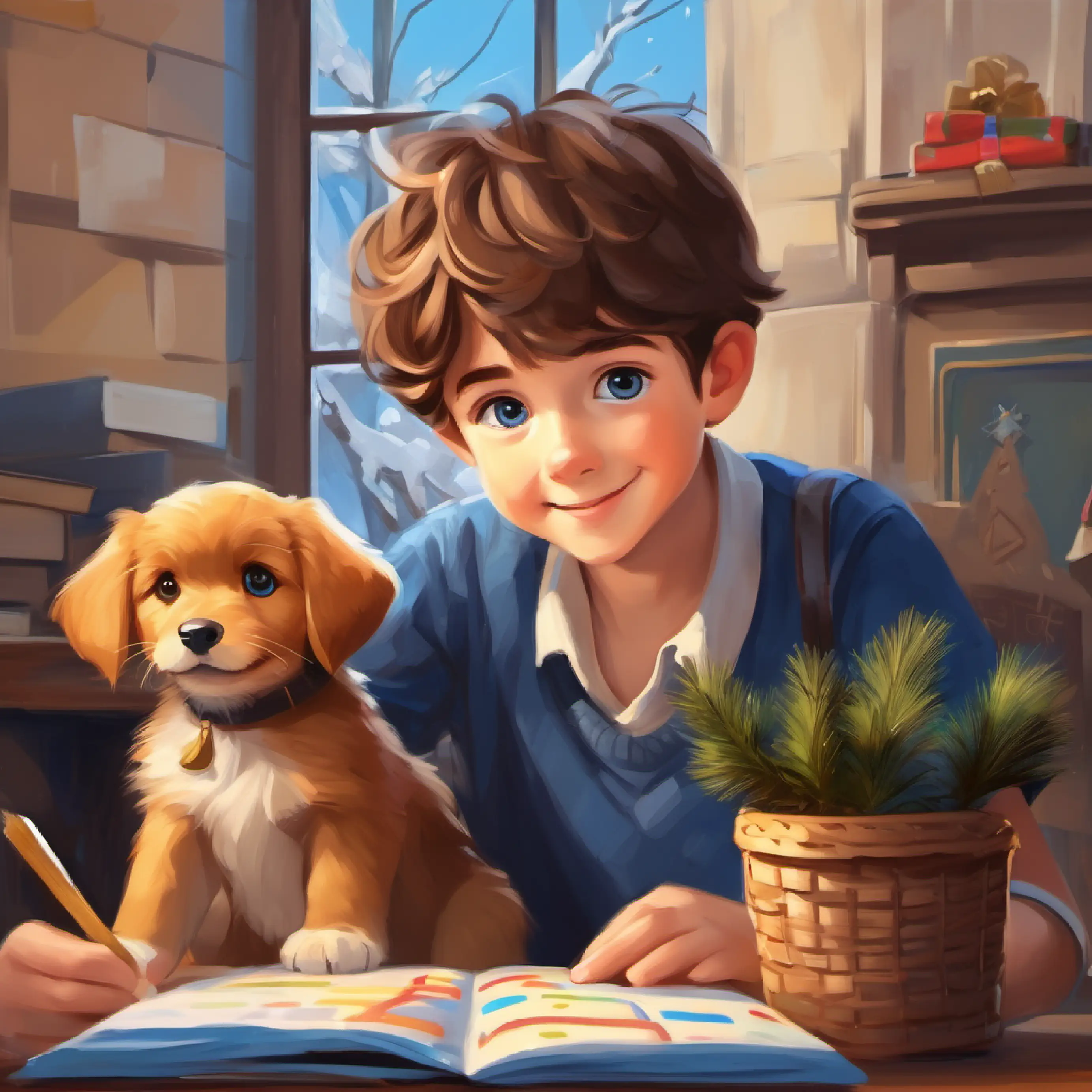 Math class, Young boy, cheerful, short brown hair, blue eyes using Playful puppy, fluffy, golden fur, brown eyes to count and solve a math problem.