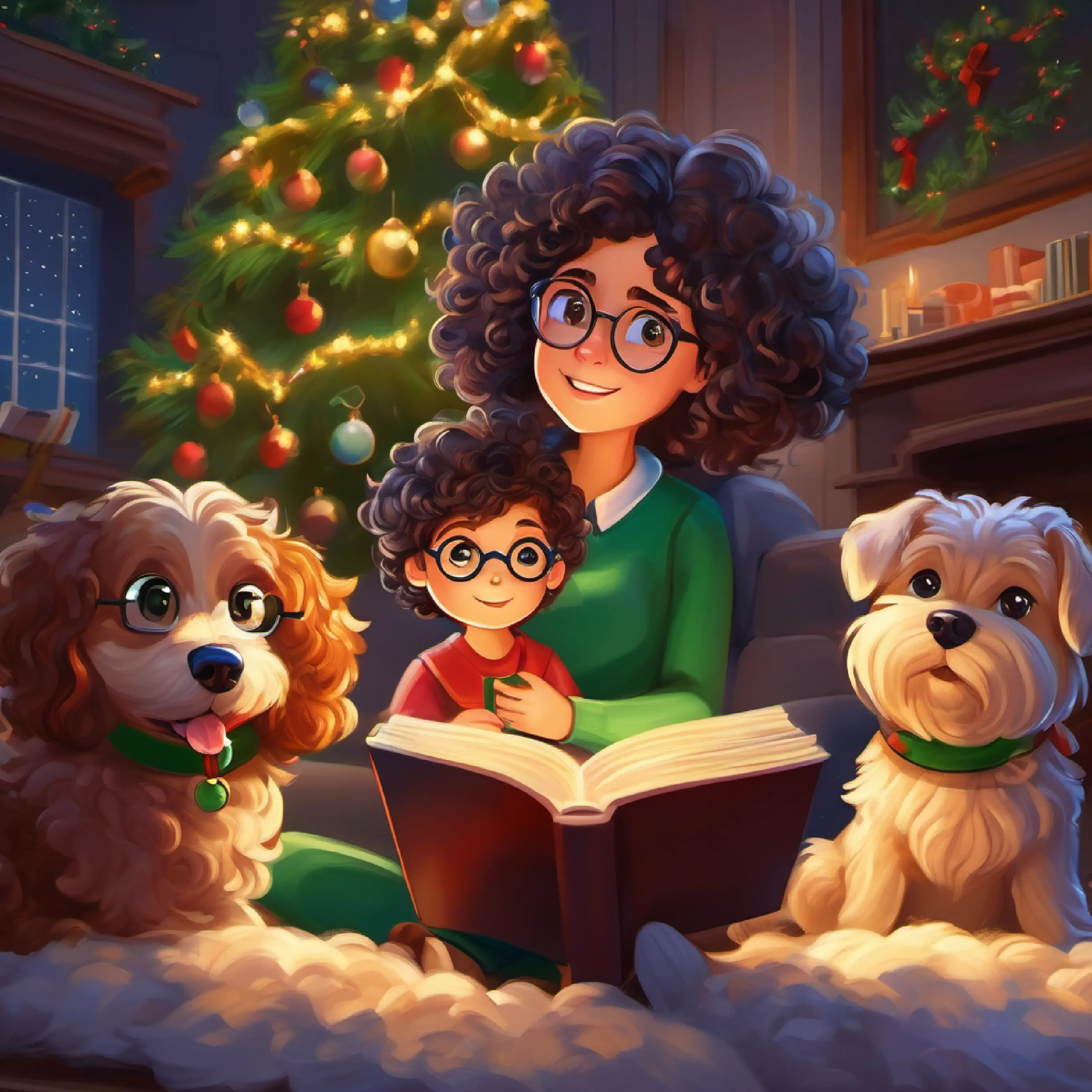 Storytime with Kind teacher, curly hair, glasses, green eyes reading a book, dogs and kids attentive.