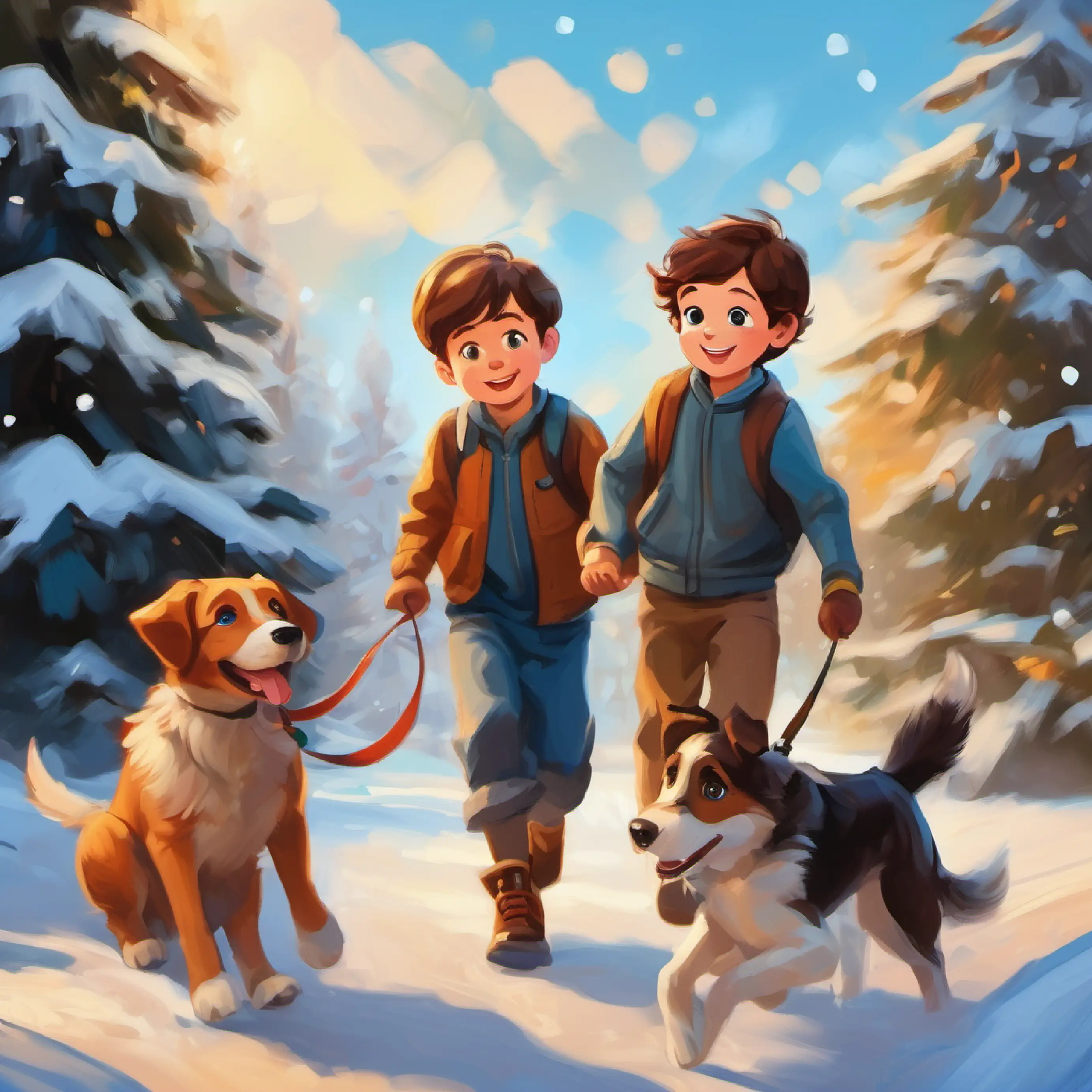 Recess with kids and dogs playing, Young boy, cheerful, short brown hair, blue eyes educating a friend on dog play.
