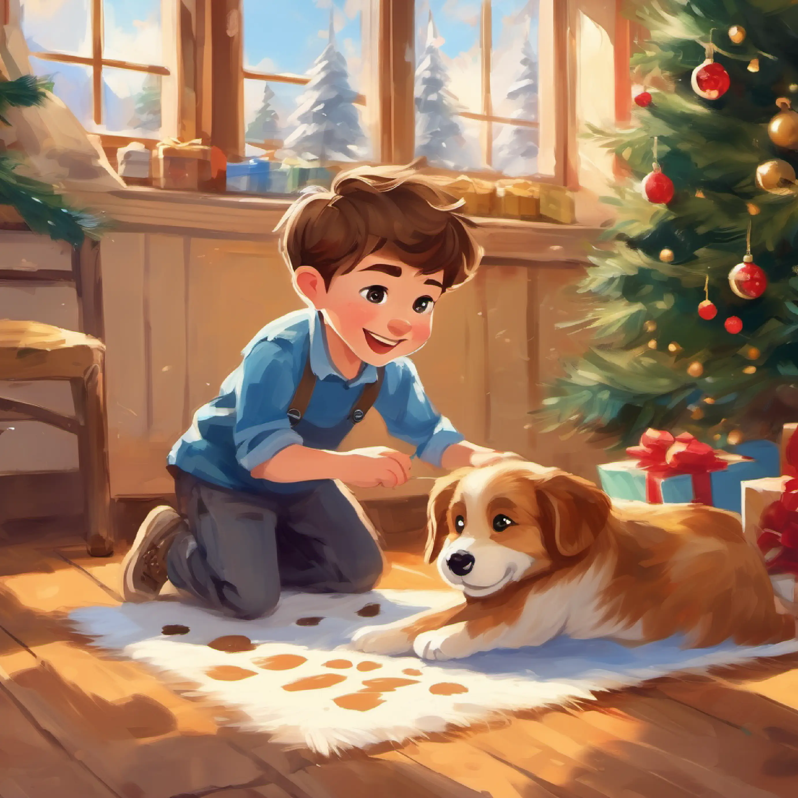 Art class, Young boy, cheerful, short brown hair, blue eyes with Playful puppy, fluffy, golden fur, brown eyes making a paw print painting, proud moment.