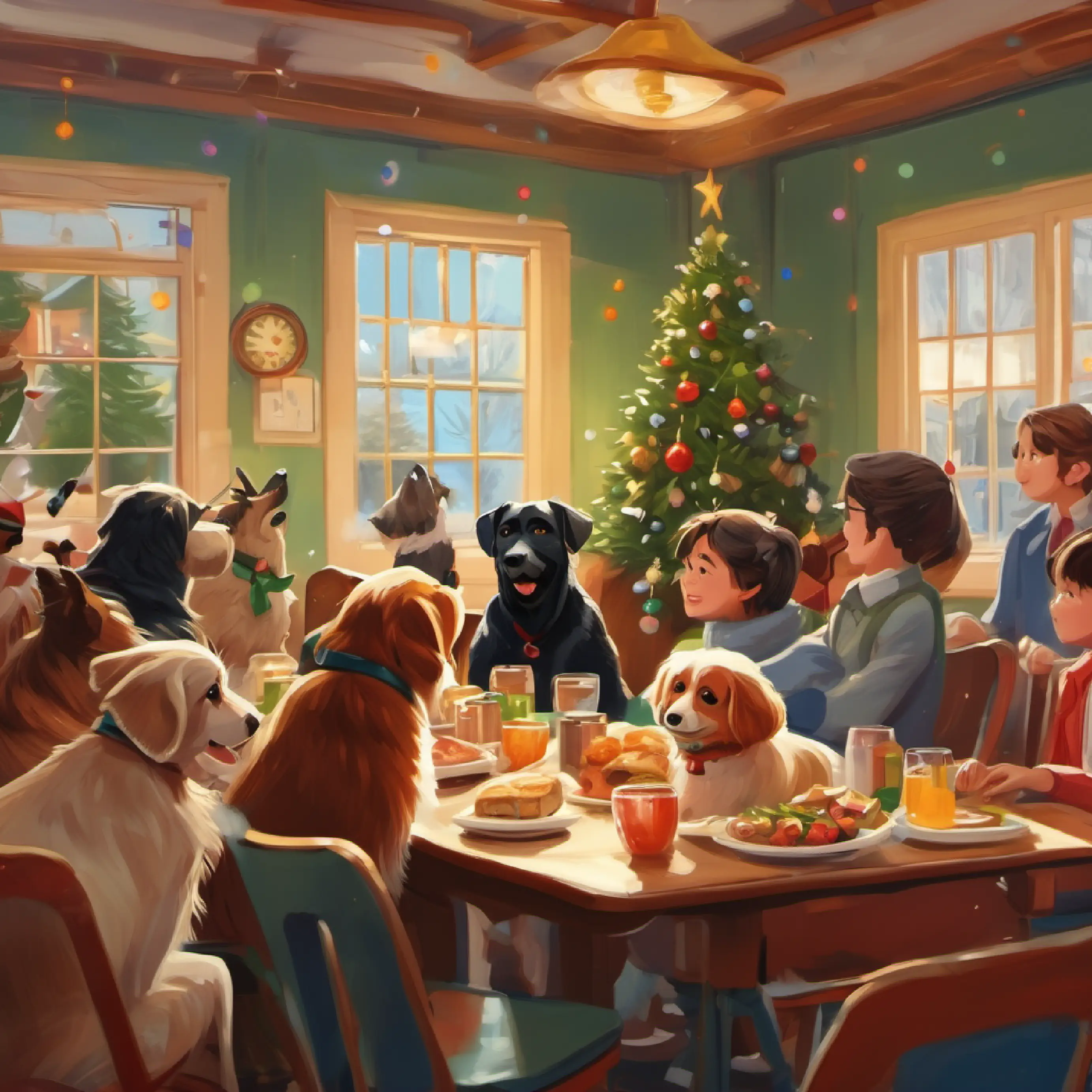 Lunchroom scene, potential chaos, but dogs are well-behaved.