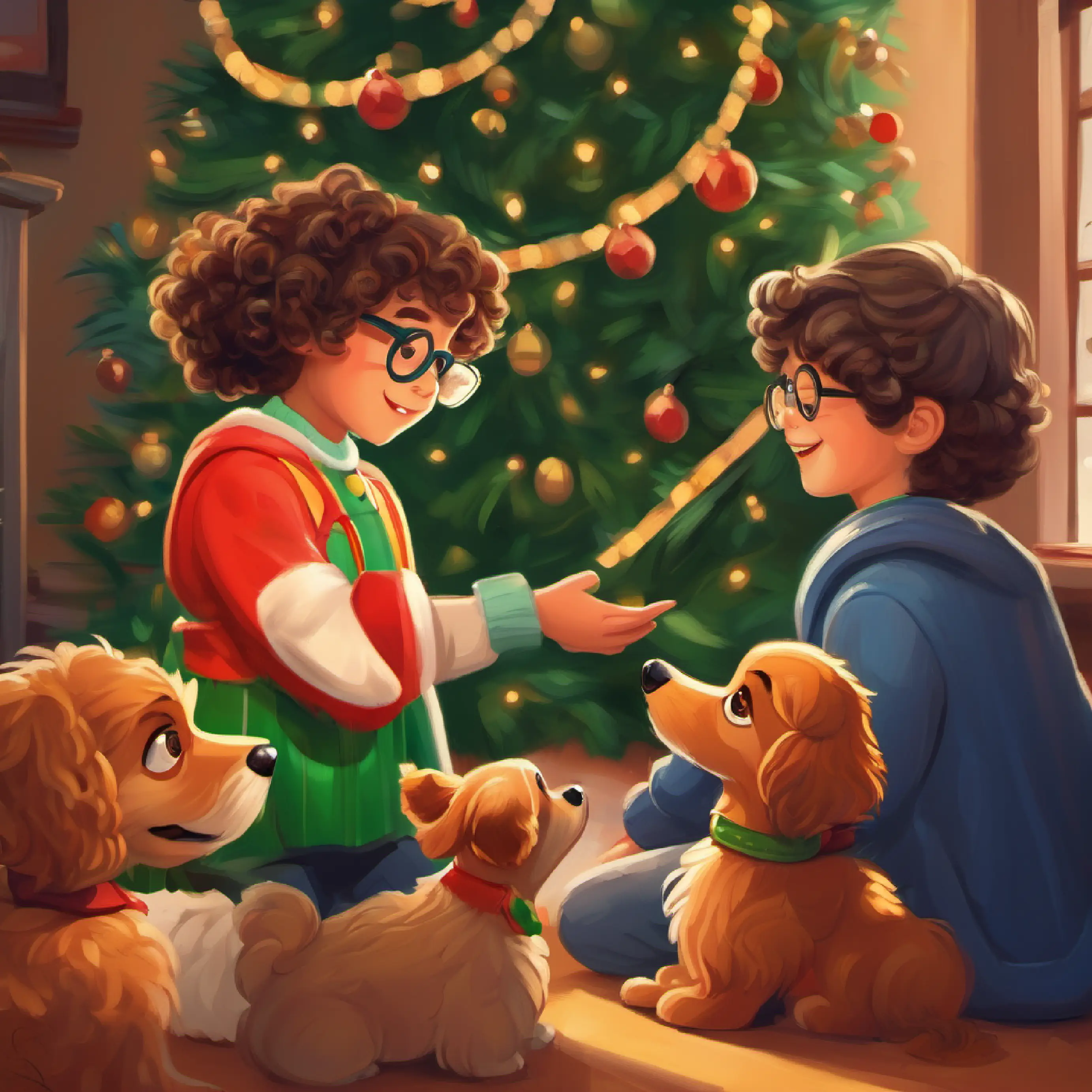 Safety lesson, Kind teacher, curly hair, glasses, green eyes teaching kids about dog interaction.