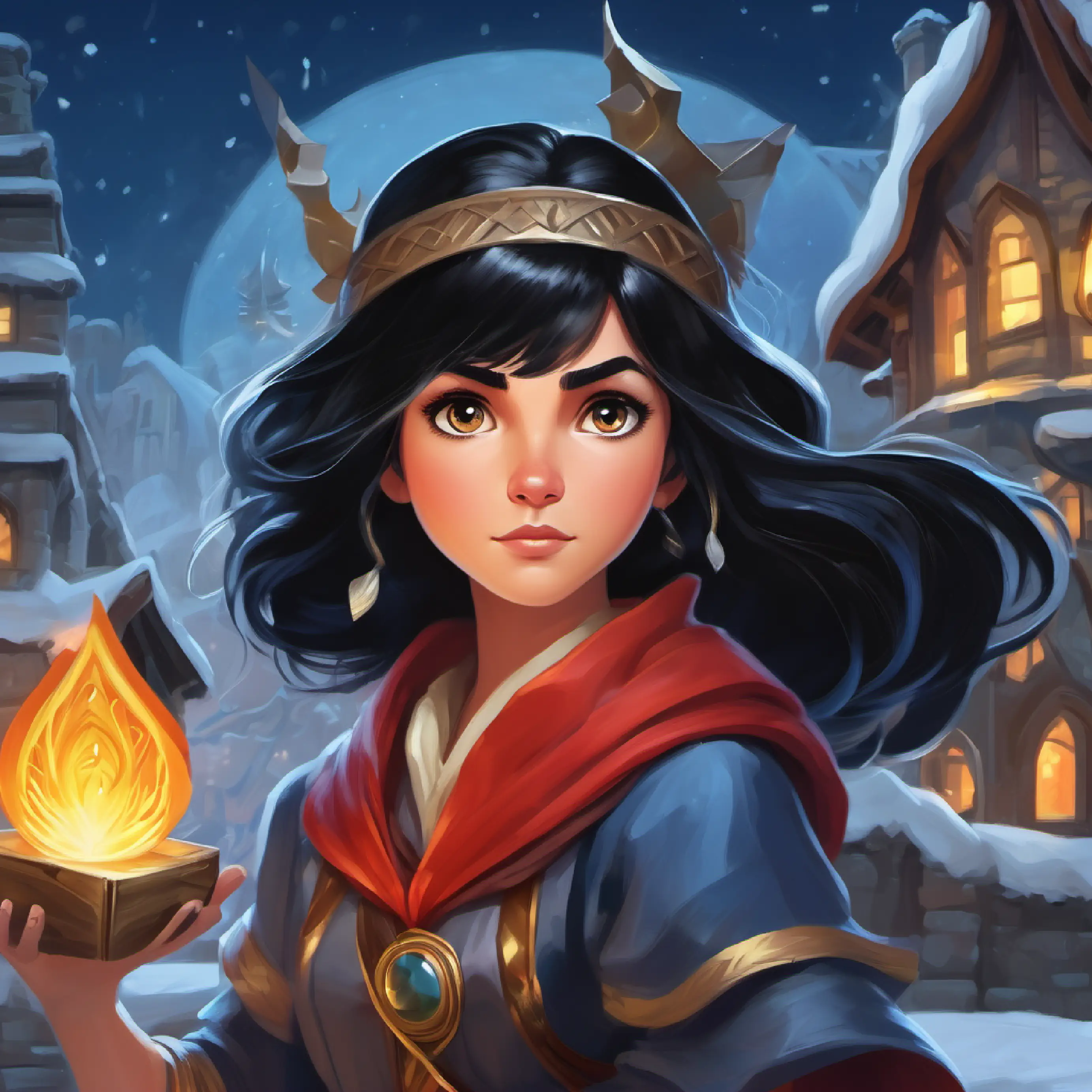 Introducing Brave sorceress with jet-black hair, silver eyes, and a determined expression, a determined young sorceress on a quest to find her lost artifact.