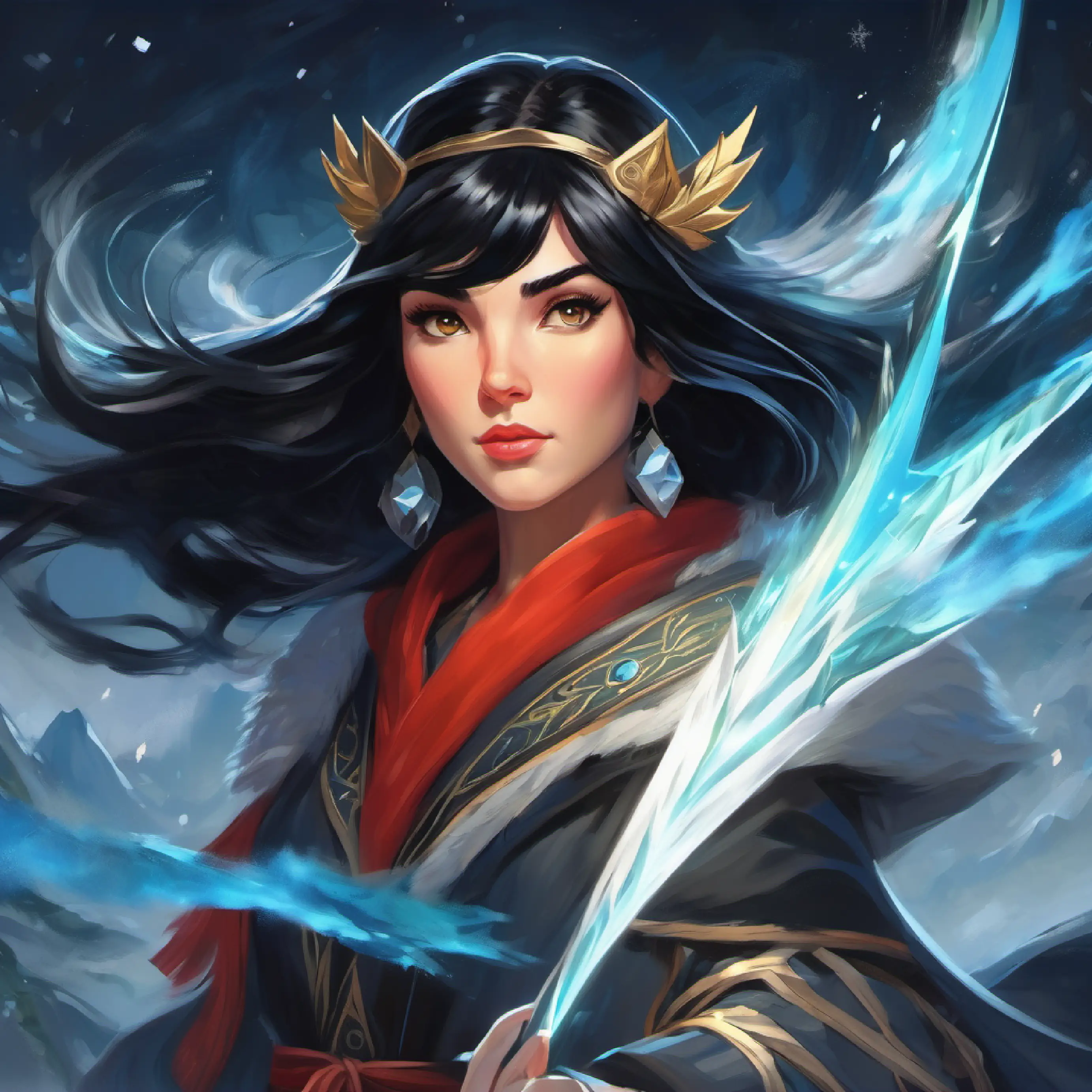 Brave sorceress with jet-black hair, silver eyes, and a determined expression sensing the disturbance in the air element, setting the mysterious and ancient atmosphere.