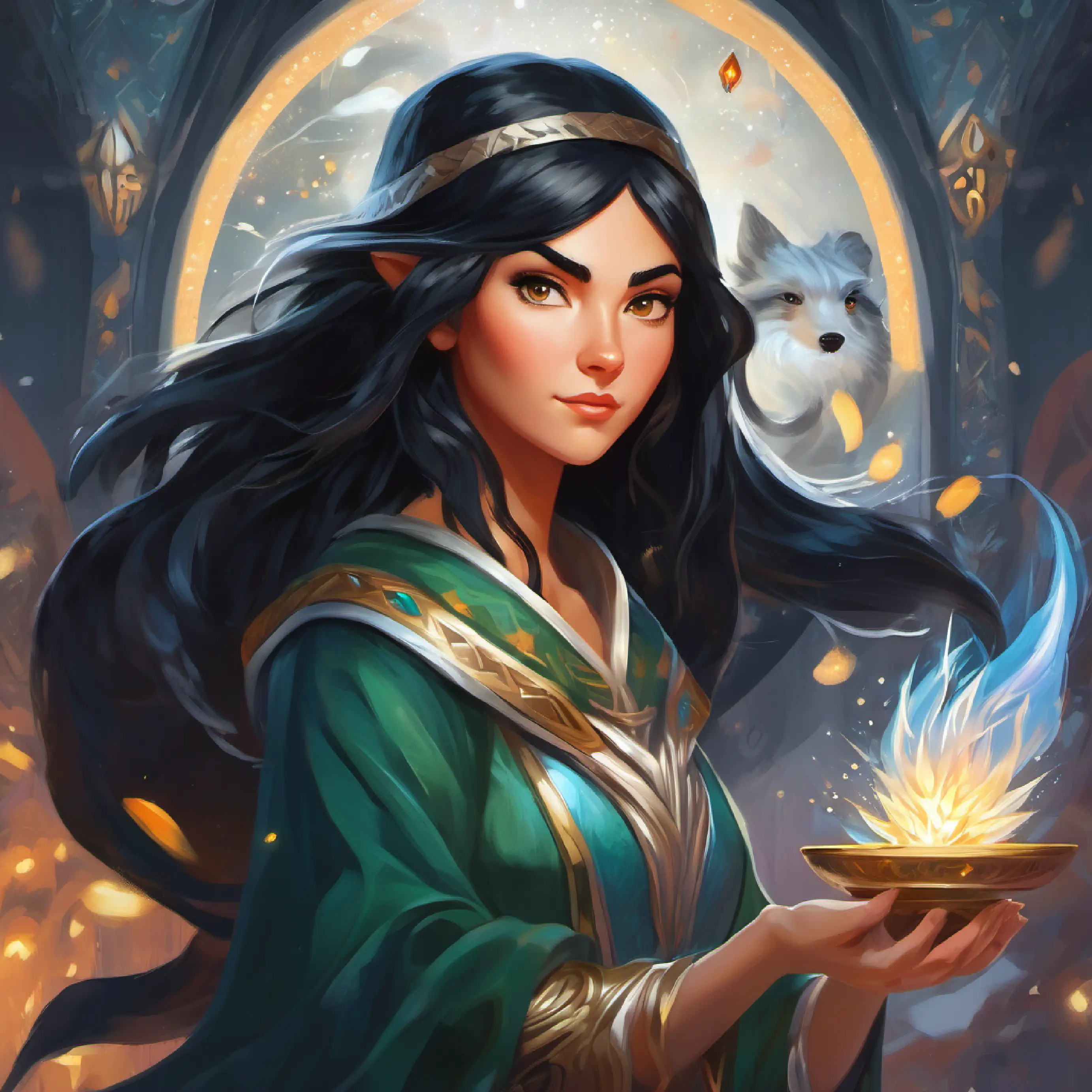 Brave sorceress with jet-black hair, silver eyes, and a determined expression using her empathy to connect with elemental creatures, displaying kindness amidst her quest.