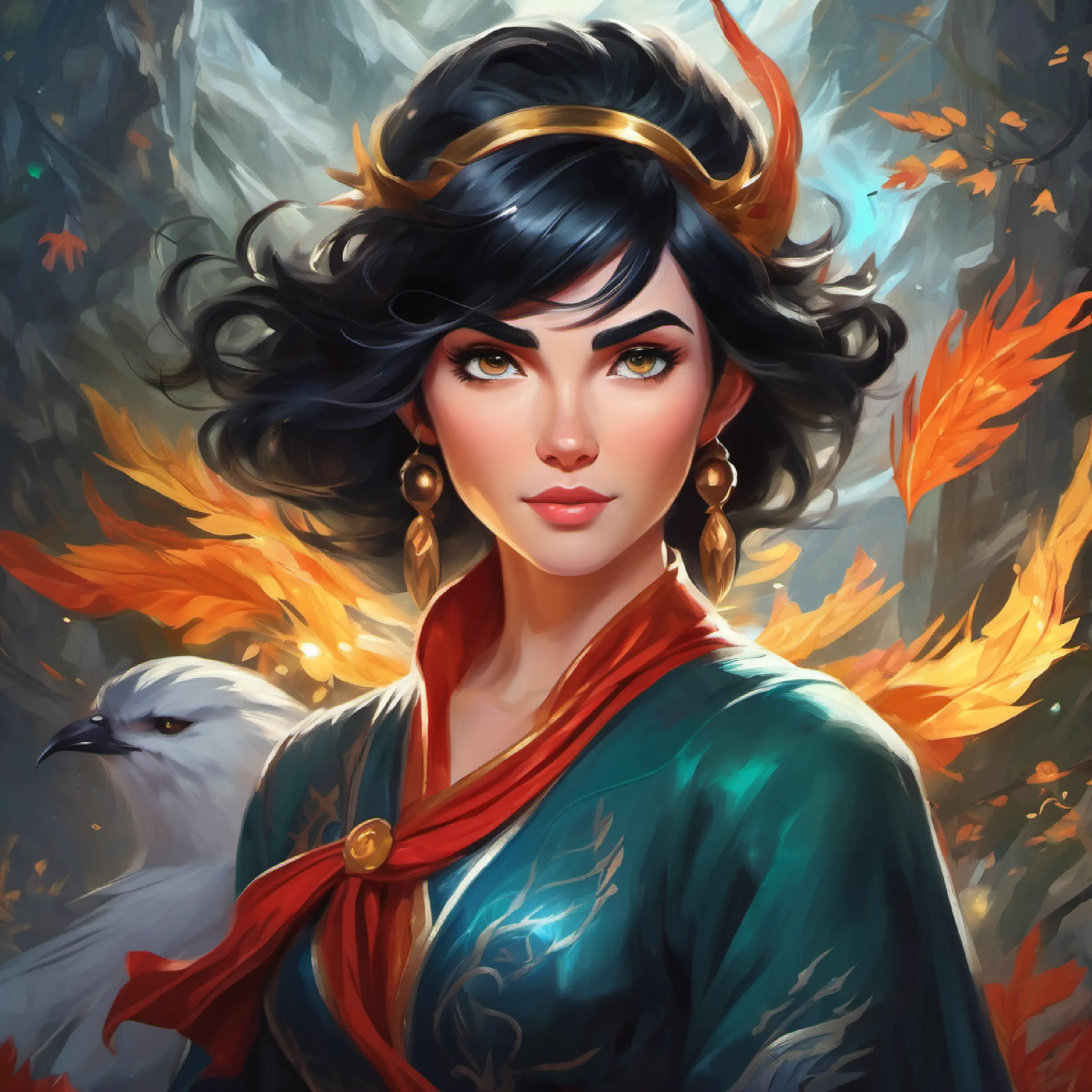 Brave sorceress with jet-black hair, silver eyes, and a determined expression earning the trust and assistance of elemental creatures through her compassionate actions.