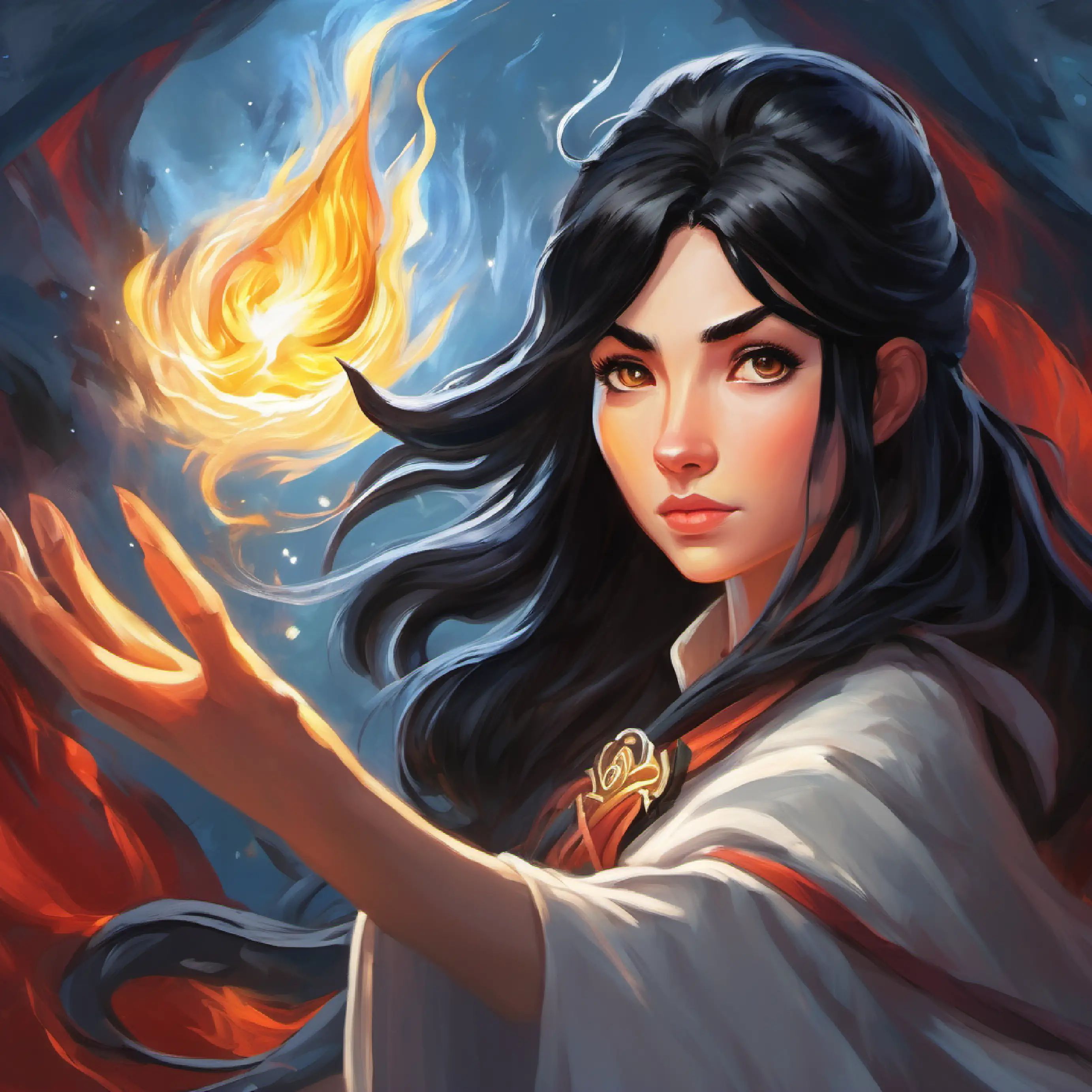 Brave sorceress with jet-black hair, silver eyes, and a determined expression confronting the malicious elemental lord with empathy, displaying deep understanding and compassion.