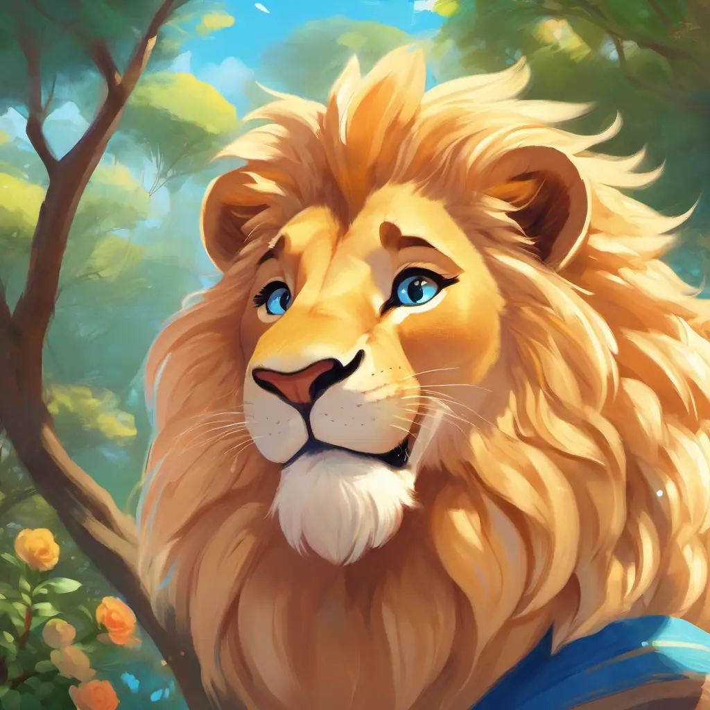 Describing Rosy-cheeked boy with a big smile, blue eyes's trusted sidekick, Friendly lion with golden fur and sparkly, kind eyes, and the warm-hearted nature of their friendship.